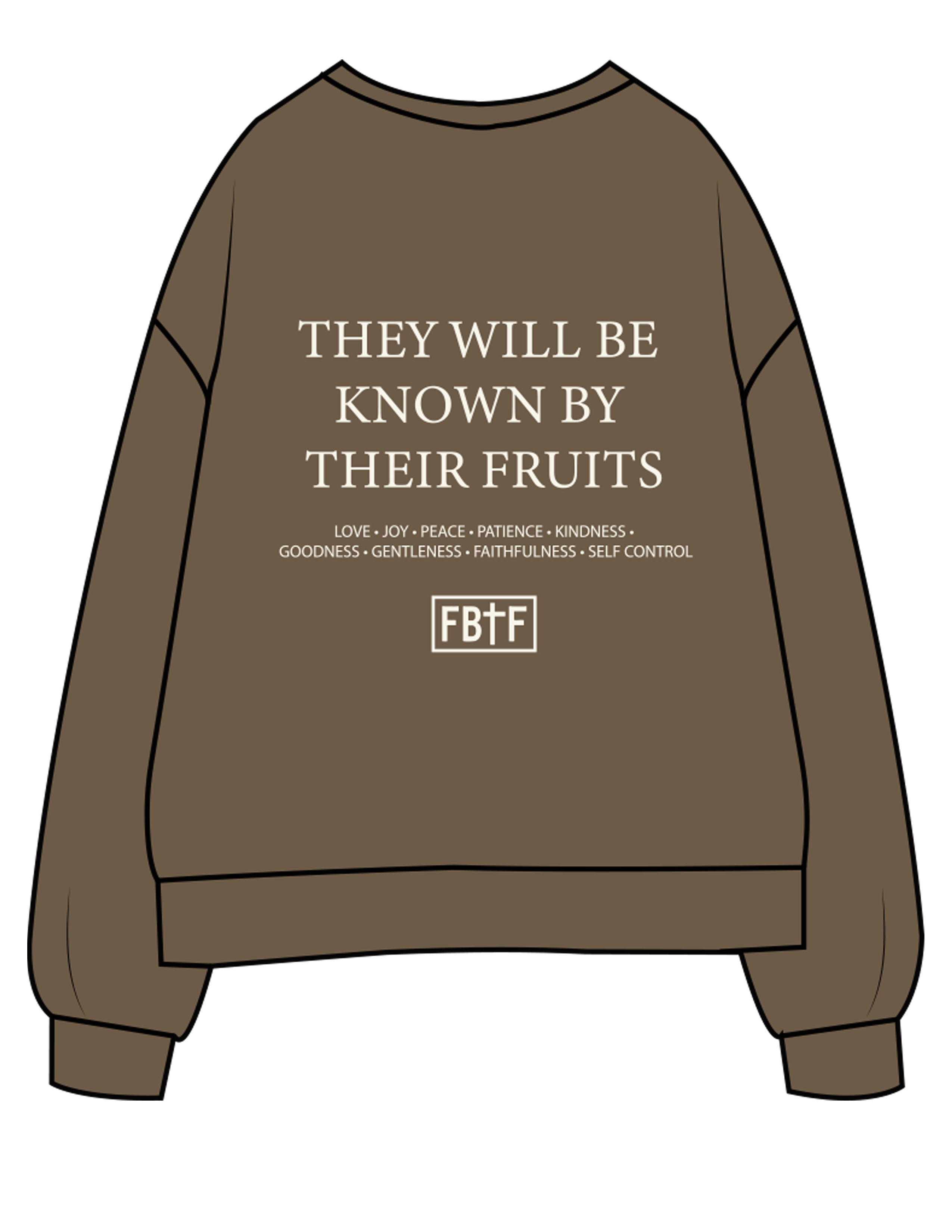 The Mens Classic Crewneck - Walnut - Fed By The Fruit - Chest Stacked & Back Stacked - Printed - Off White
