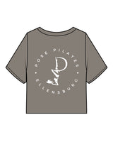 The Heavyweight Crop Tee - Washed Gray - Pose Pilates - Cenetr Chest - Back Round Stacked - White Printed
