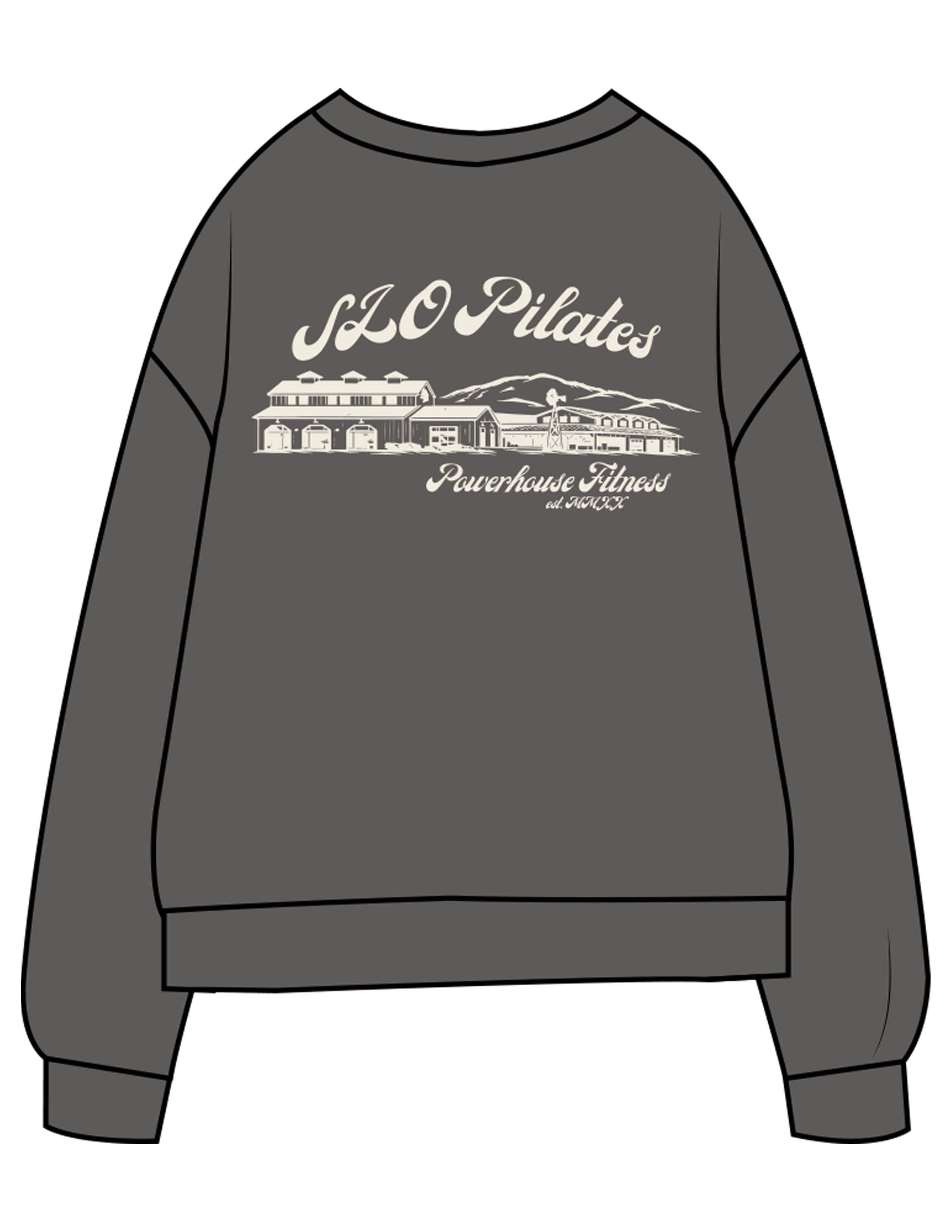 The Midweight Unisex Crewneck - Washed Black - Powerhouse Fitness - Left Chest EMB & Back Stacked "PILATES" Printed - Off White