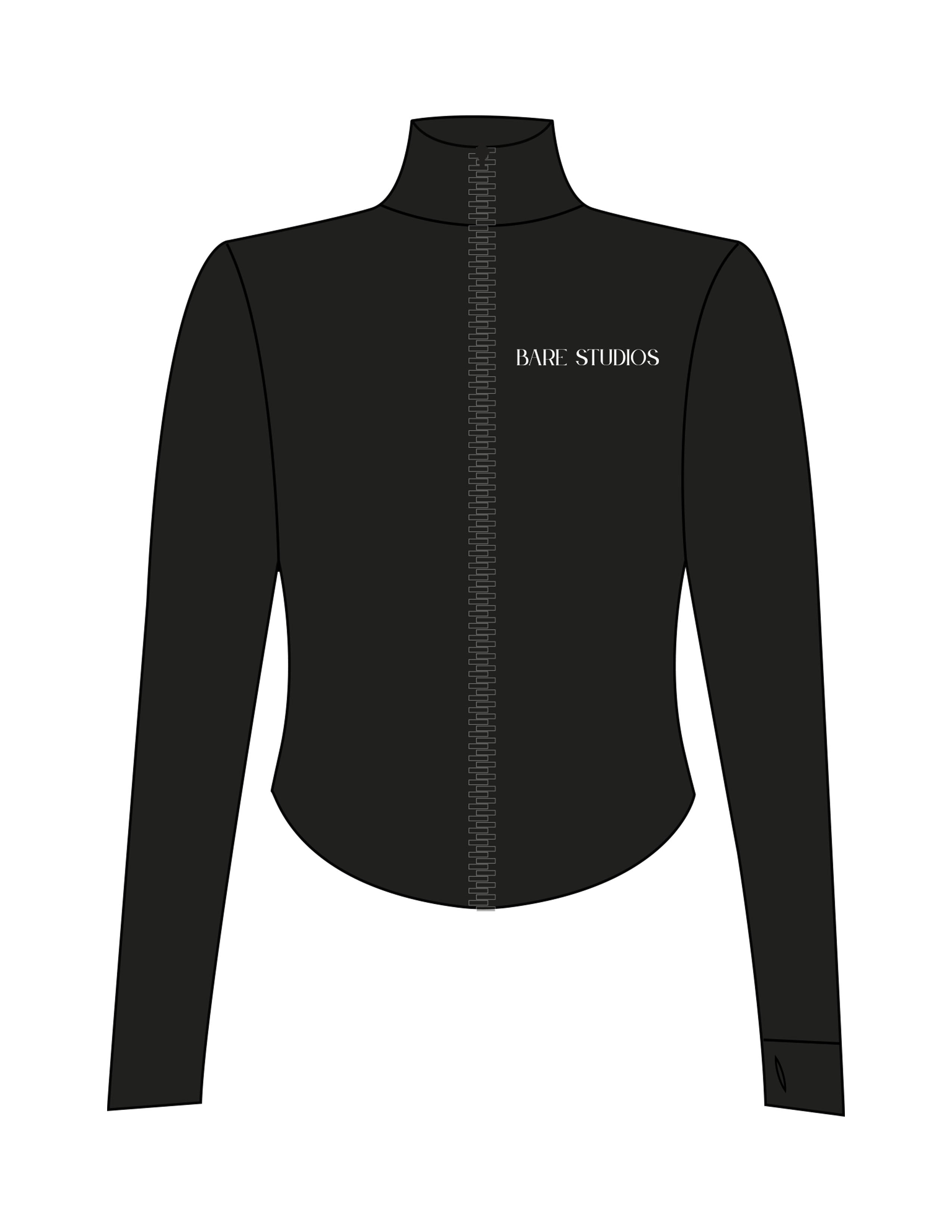 The 3/4 Crop Zip Jacket - Black - Bare Pilates - Left Chest & Back Neckline - Printed - White