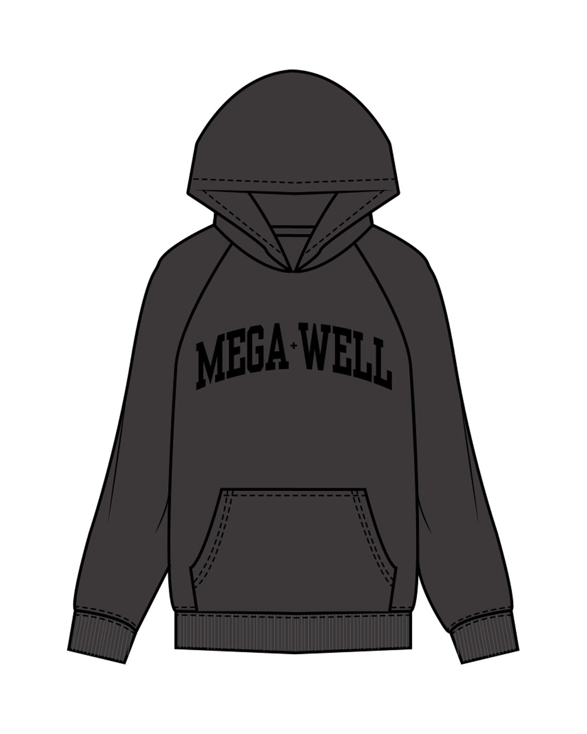 The Mens Hoodie - Washed Black - Mega Well - Center Chest - Printed - Black
