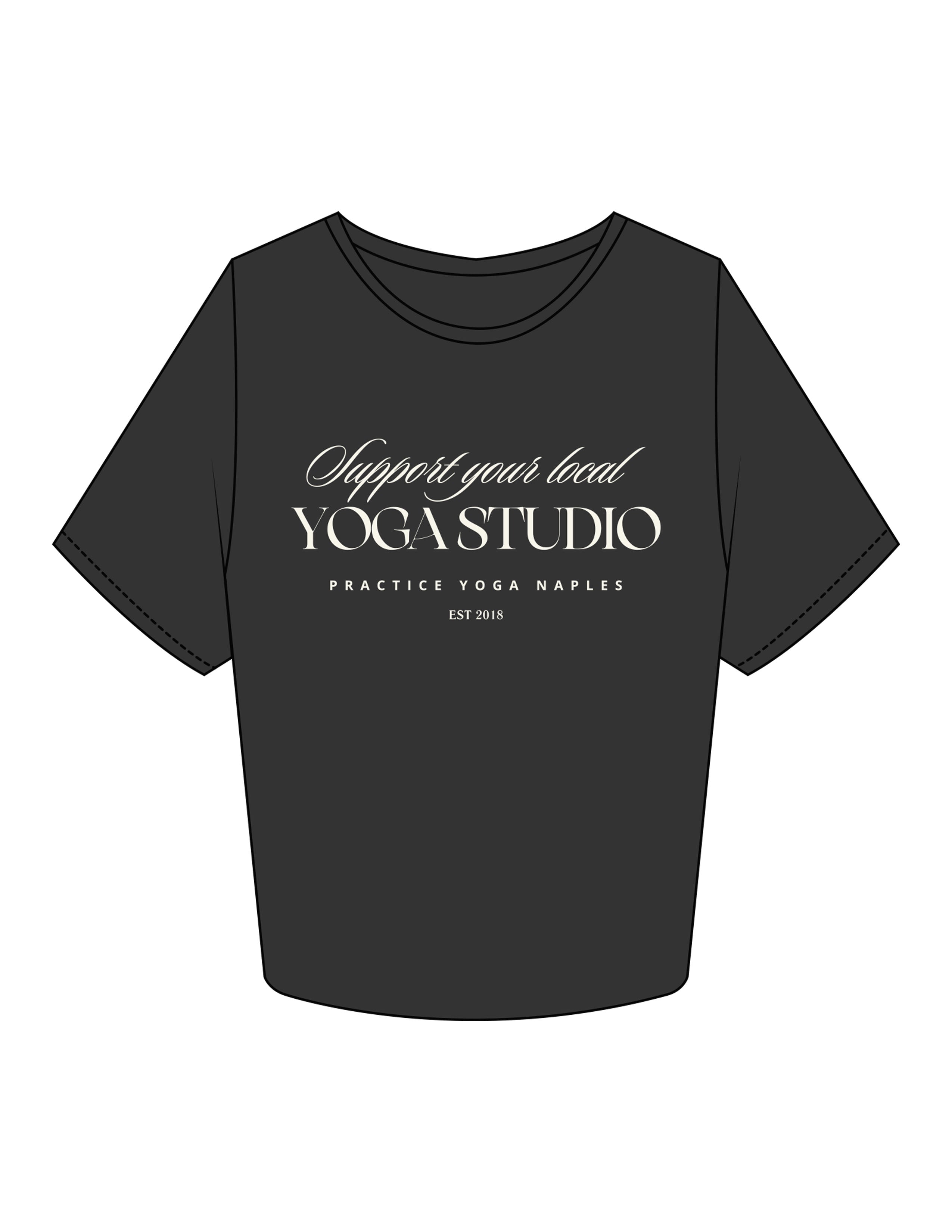 The Crop Tee - Washed Black - Practice Yoga - Chest Stacked - Printed - Off White
