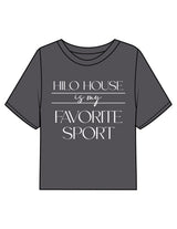 The Boxy Crop Tee - Charcoal - HiLo - Chest Stacked "HILO HOUSE" w/ Script & Back Neckline Round - Printed - White