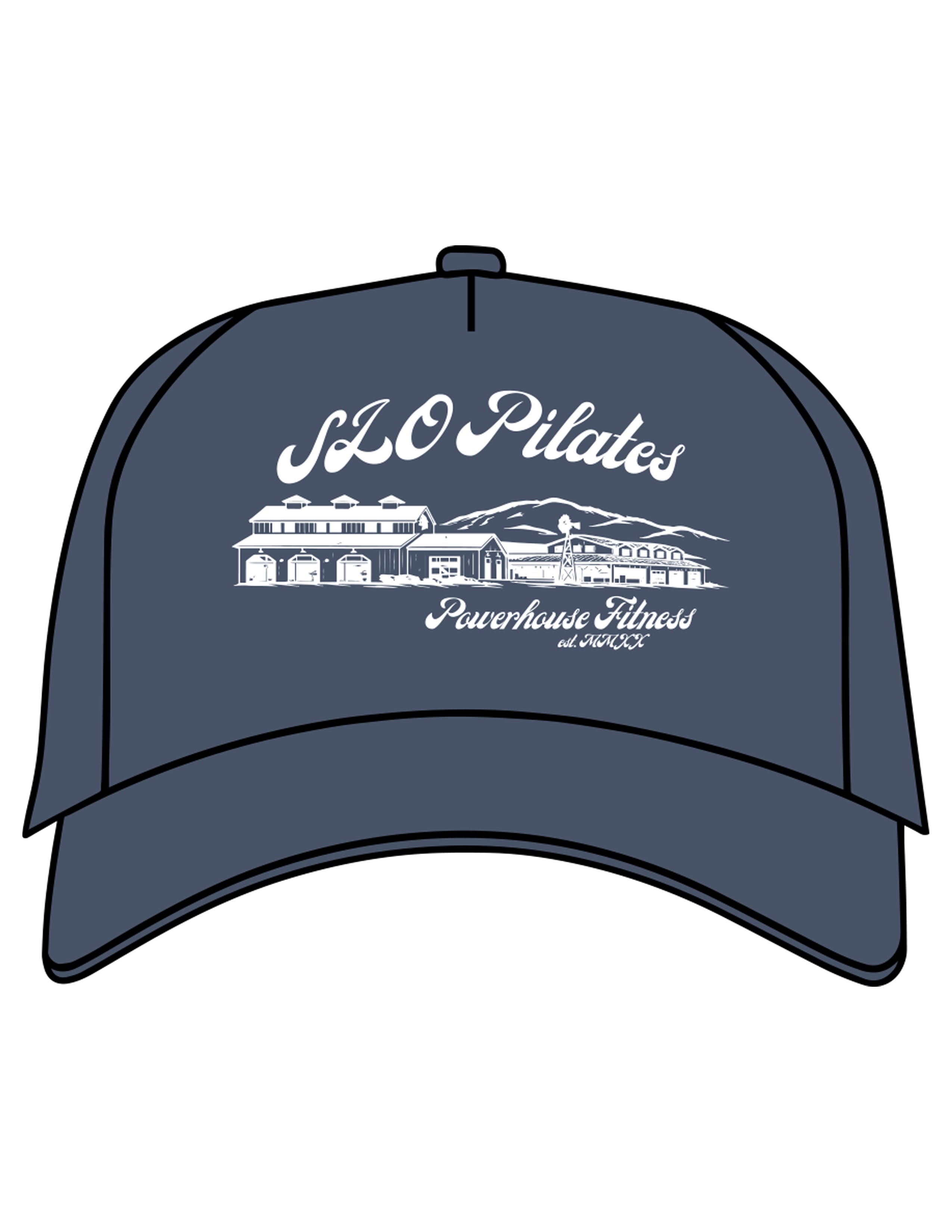 The 5 Panel Trucker Hat - Navy - Powerhouse Fitness - Center Crown "PILATES" - Printed - White