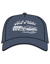 The 5 Panel Trucker Hat - Navy - Powerhouse Fitness - Center Crown "PILATES" - Printed - White