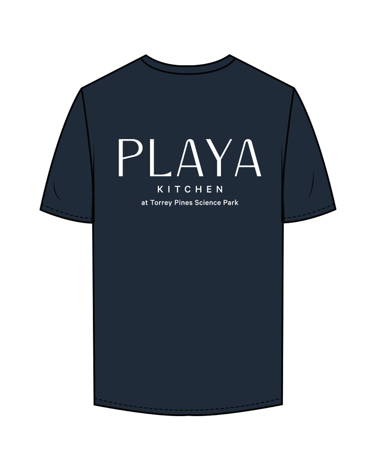 The Mens Tee - Navy - Playa Kitchen - Left Chest Stacked & Center Back Stacked - Printed - White