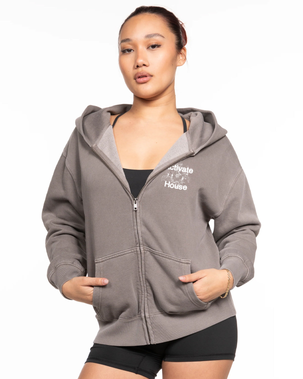 The Womens Zip Hoodie - Washed Gray - Activate House - Left Chest & Full Back Center - White