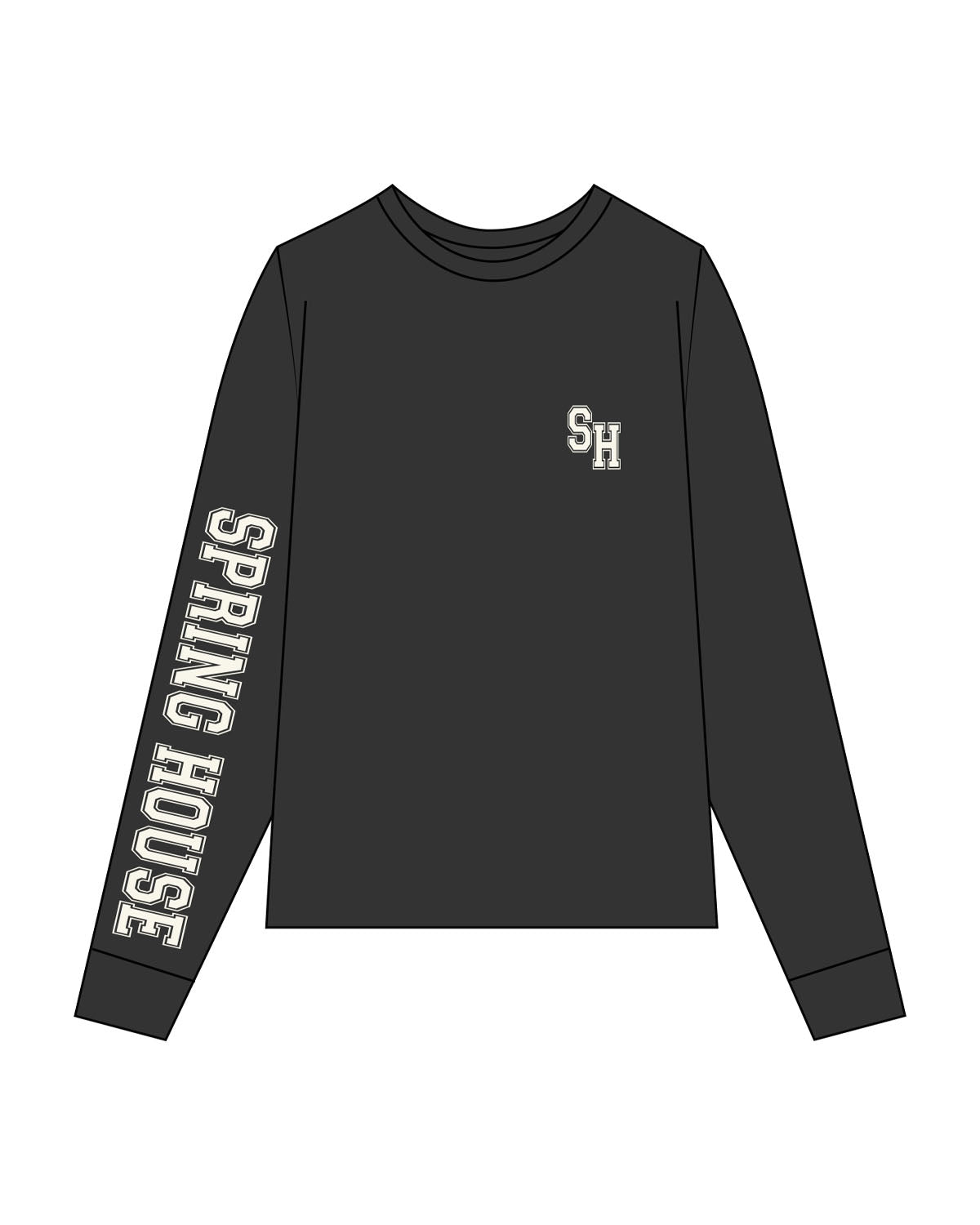 The Womens Heavyweight Long Sleeve - Washed Black -  Spring House - Left Chest - Right Arm Text - Printed - Off White