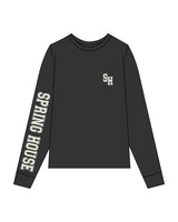 The Womens Heavyweight Long Sleeve - Washed Black -  Spring House - Left Chest - Right Arm Text - Printed - Off White