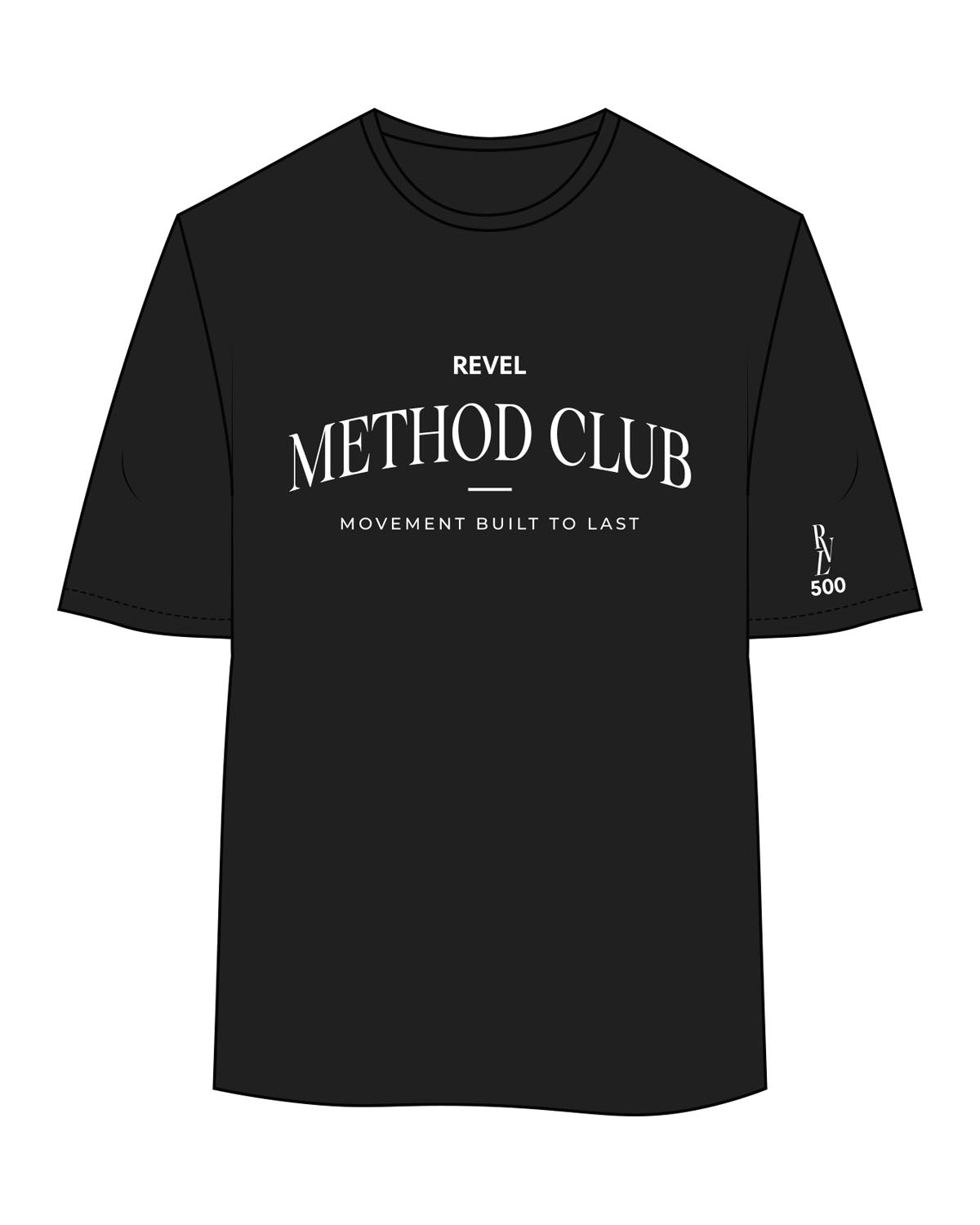 The Womens Oversized Tee - Black - Revel Method - Center Chest Stacked - Left Sleeve - Printed - White