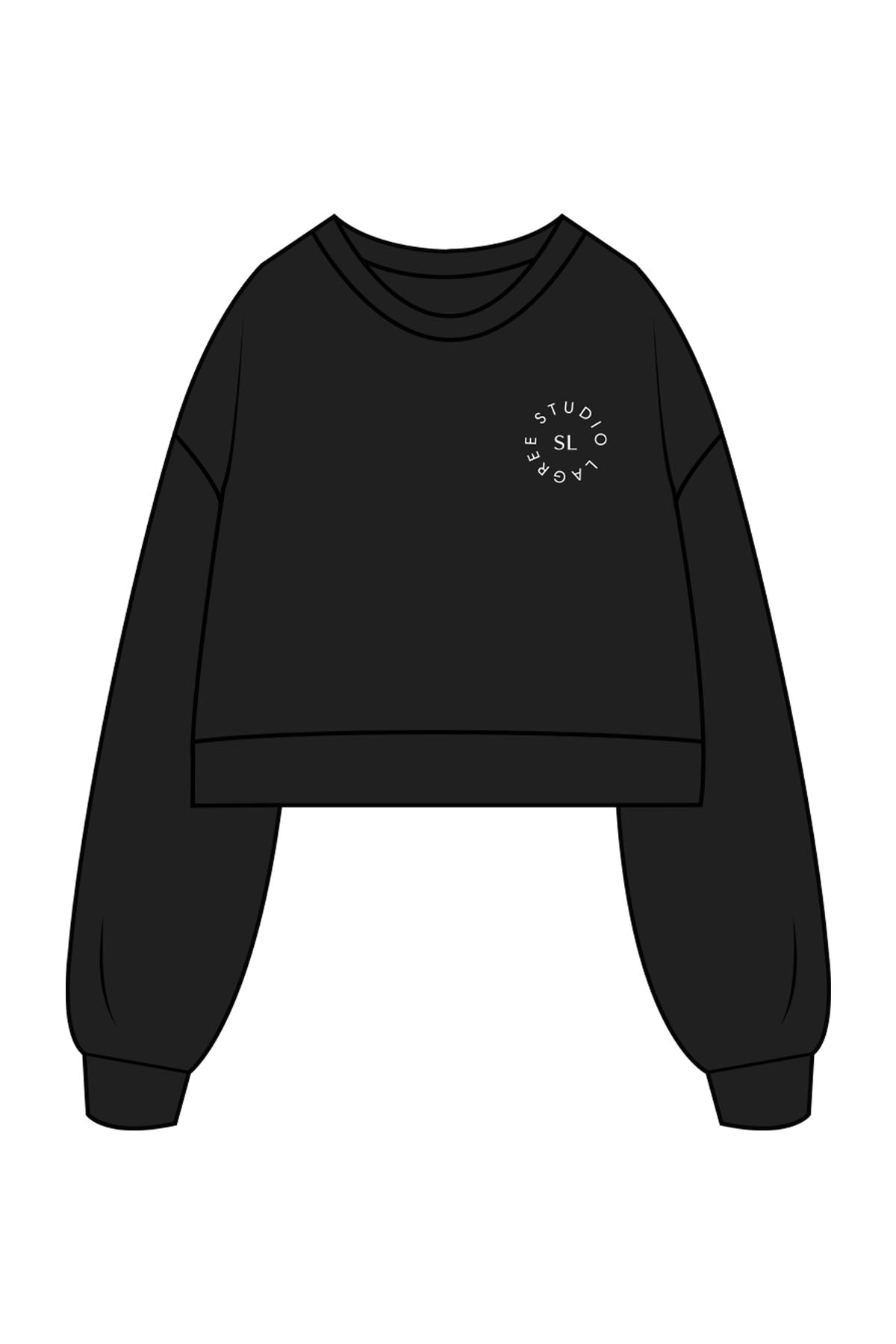 The Womens Crop Crewneck - Black - Studio Lagree - Left Chest Round & Back Neckline - Printed - White