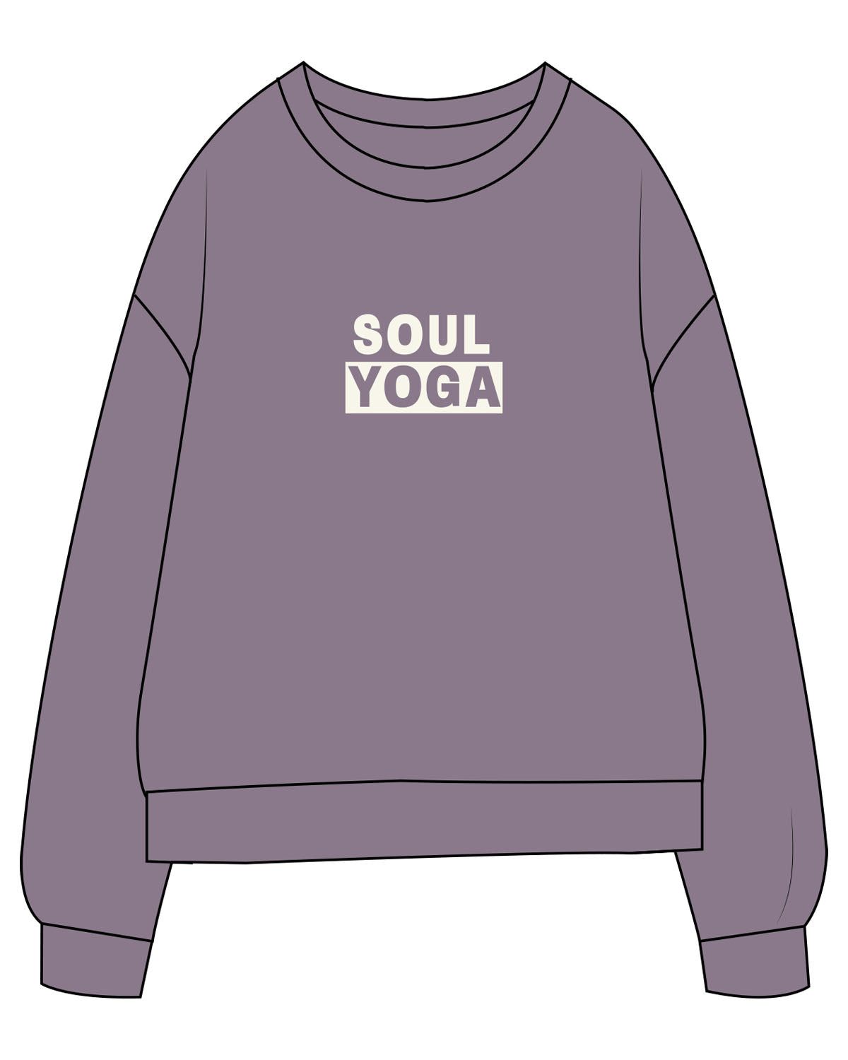 The Midweight Unisex Crewneck - Washed Plum - SOUL YOGA - Chest Stacked - Printed - Off White