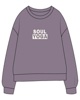 The Midweight Unisex Crewneck - Washed Plum - SOUL YOGA - Chest Stacked - Printed - Off White