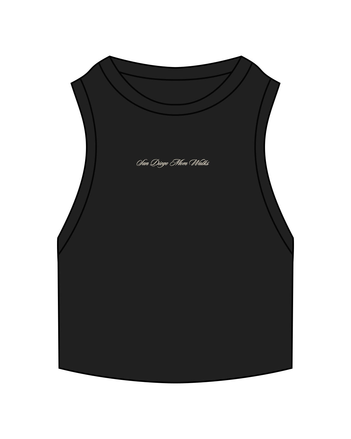 The Ribbed Crop Tank - Black - SD Mom Walks - Center Chest " SAN DIEGO " - Embroidered - Off White