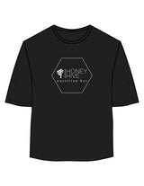 The Oversized Crop Tee - Black - Honey Hive NB - Center Chest Hexagon & Back Stacked - Printed - Bone
