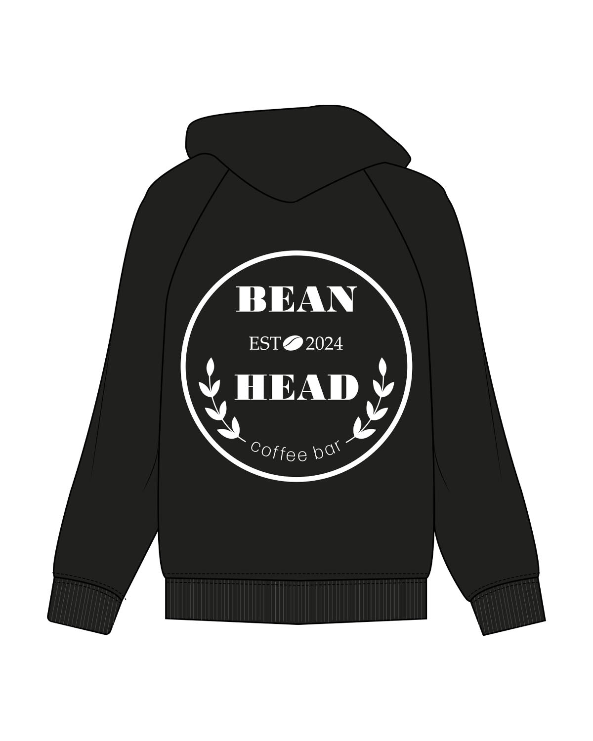 The Mens Hoodie - Black - Bean Head - Left Chest Stacked & Back Round - Printed - White