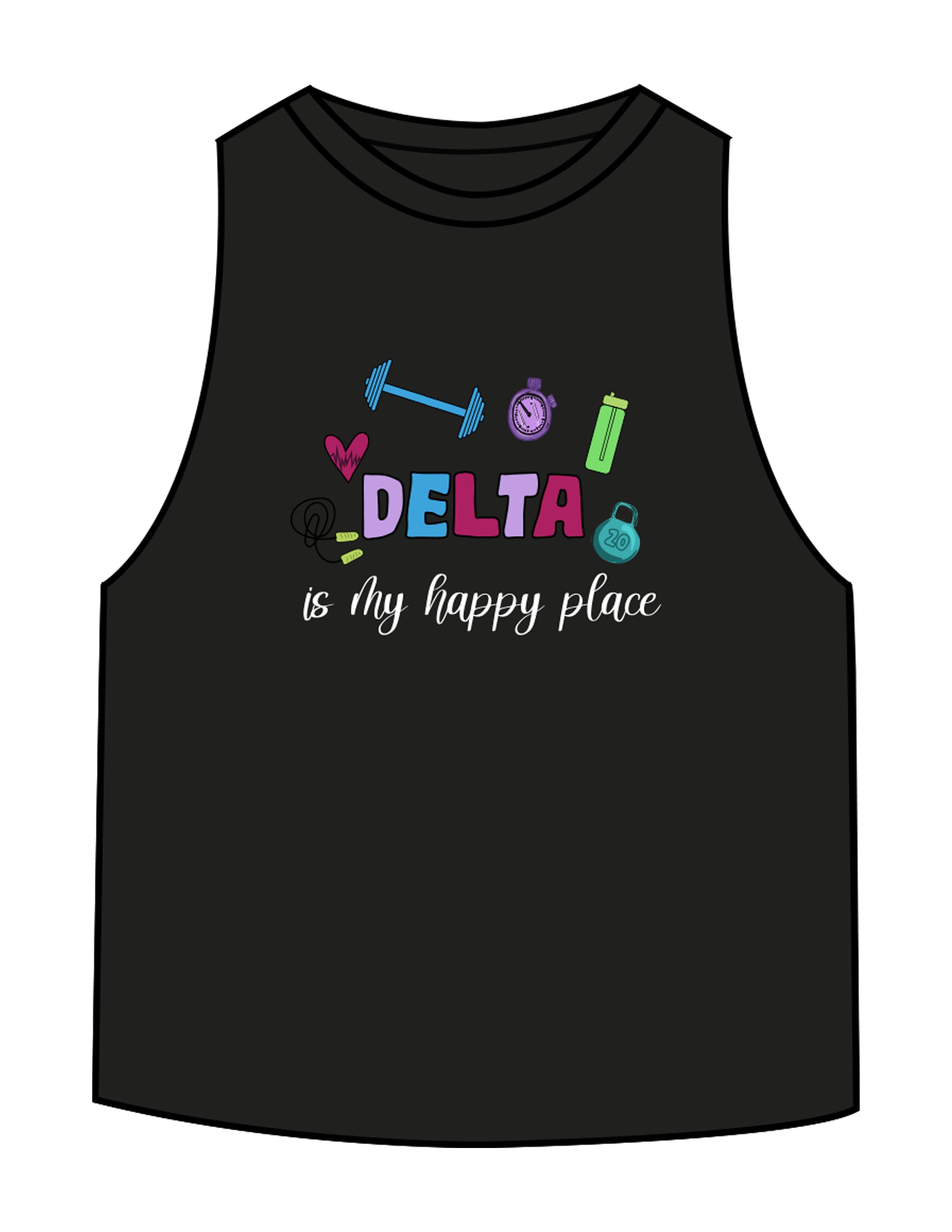 The Crop Muscle Racerback - Black - Delta Fitness - Chest Stacked "DELTA" & Back Icon - Printed - Full Color