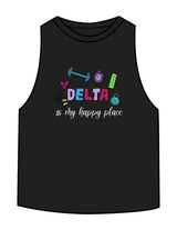 The Crop Muscle Racerback - Black - Delta Fitness - Chest Stacked "DELTA" & Back Icon - Printed - Full Color