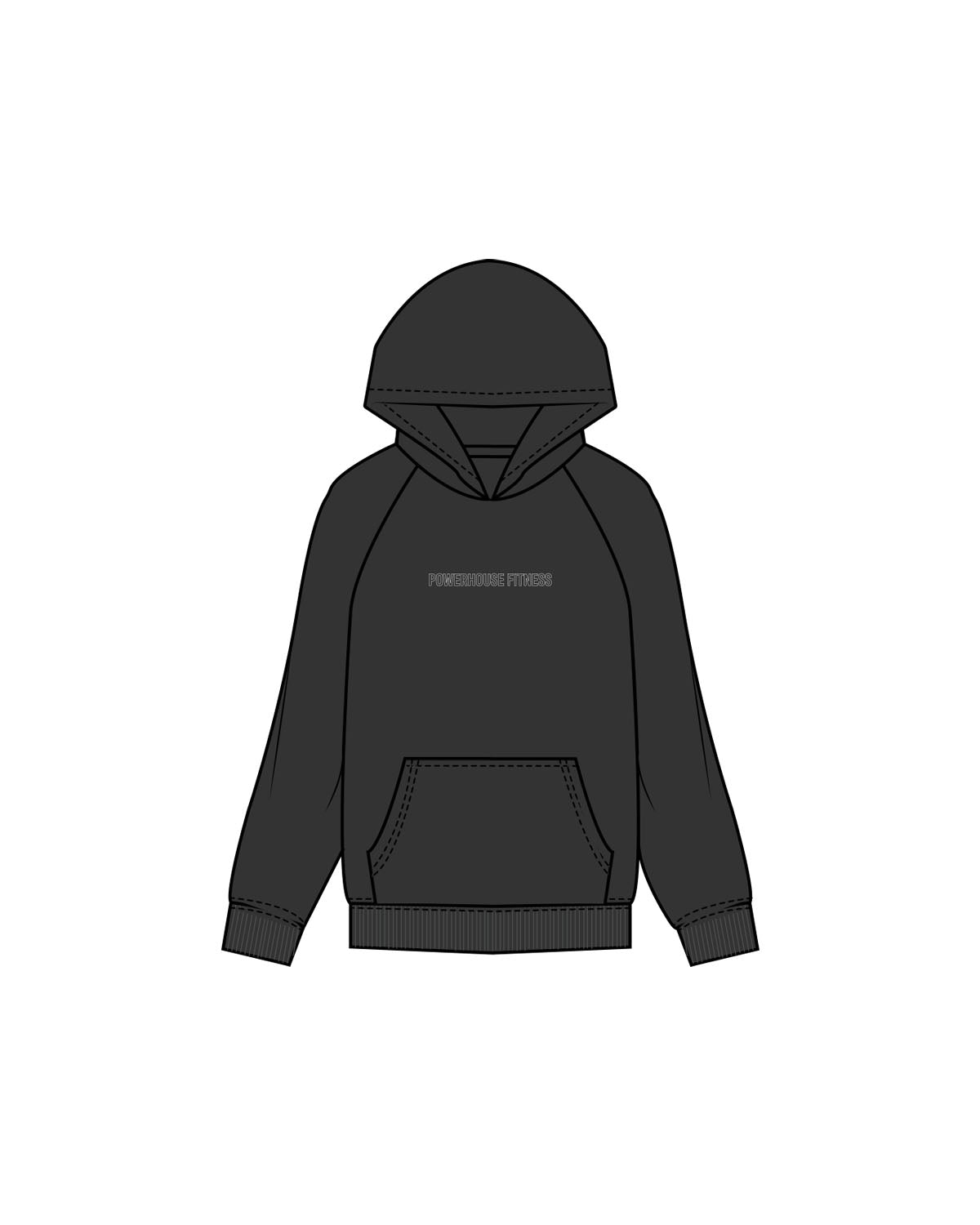 The Mens Hoodie - Washed Black - Powerhouse Fitness - Center Chest & Back Stacked - Printed - White
