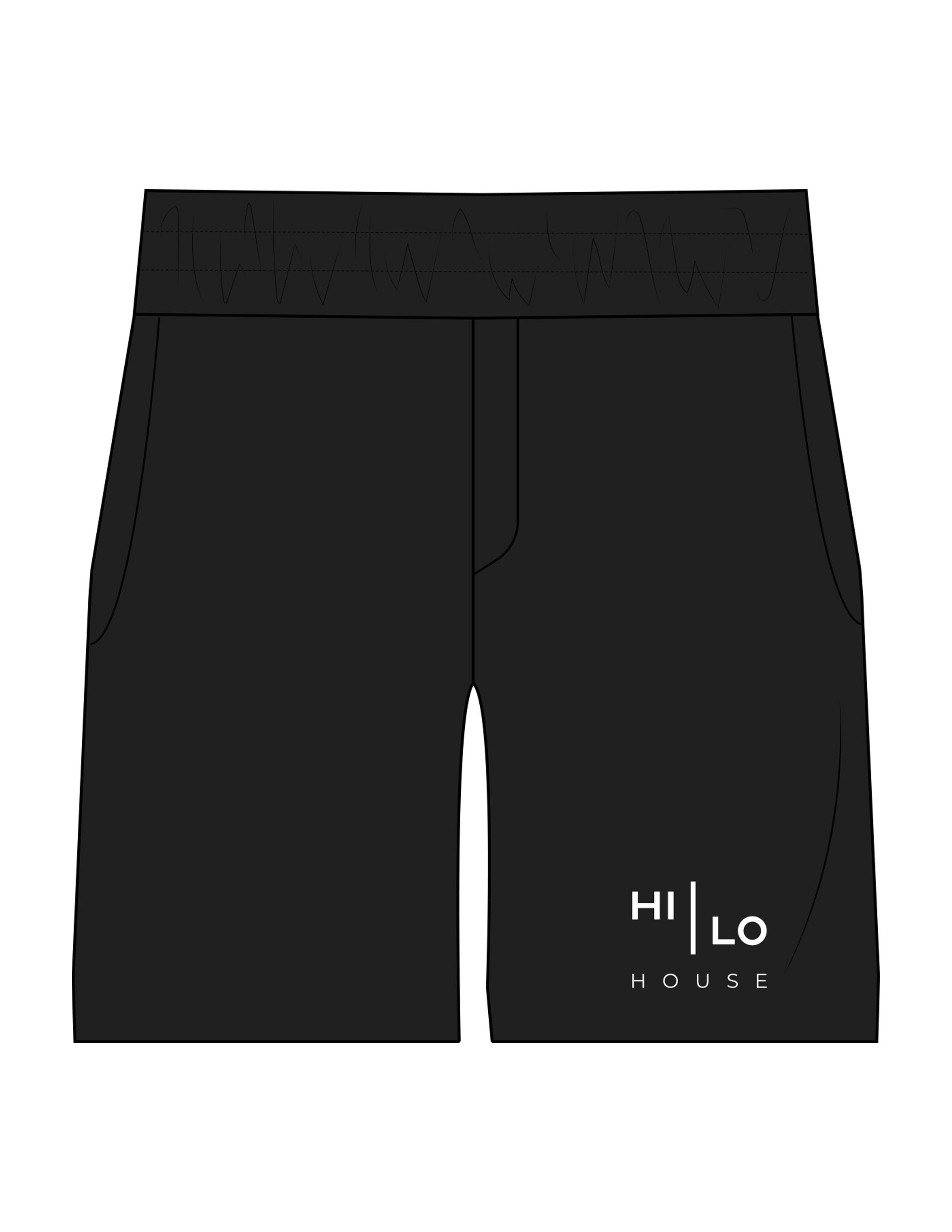 The Mens Beach Short - Black - HiLo - Left Bottom Leg Stacked - Printed - White
