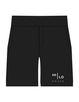 The Mens Beach Short - Black - HiLo - Left Bottom Leg Stacked - Printed - White