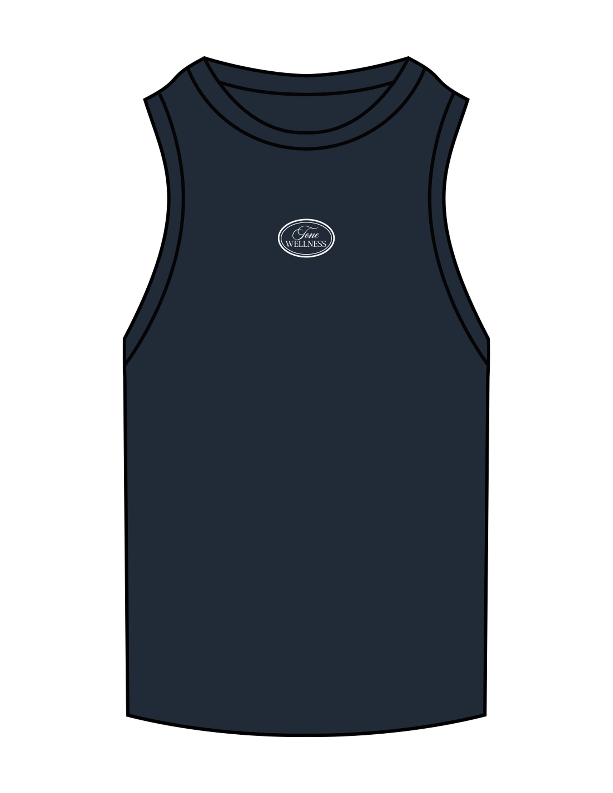 The Ribbed Full Length Tank - Navy - Tone Wellness Studio - Center Chest - Embroidered - White