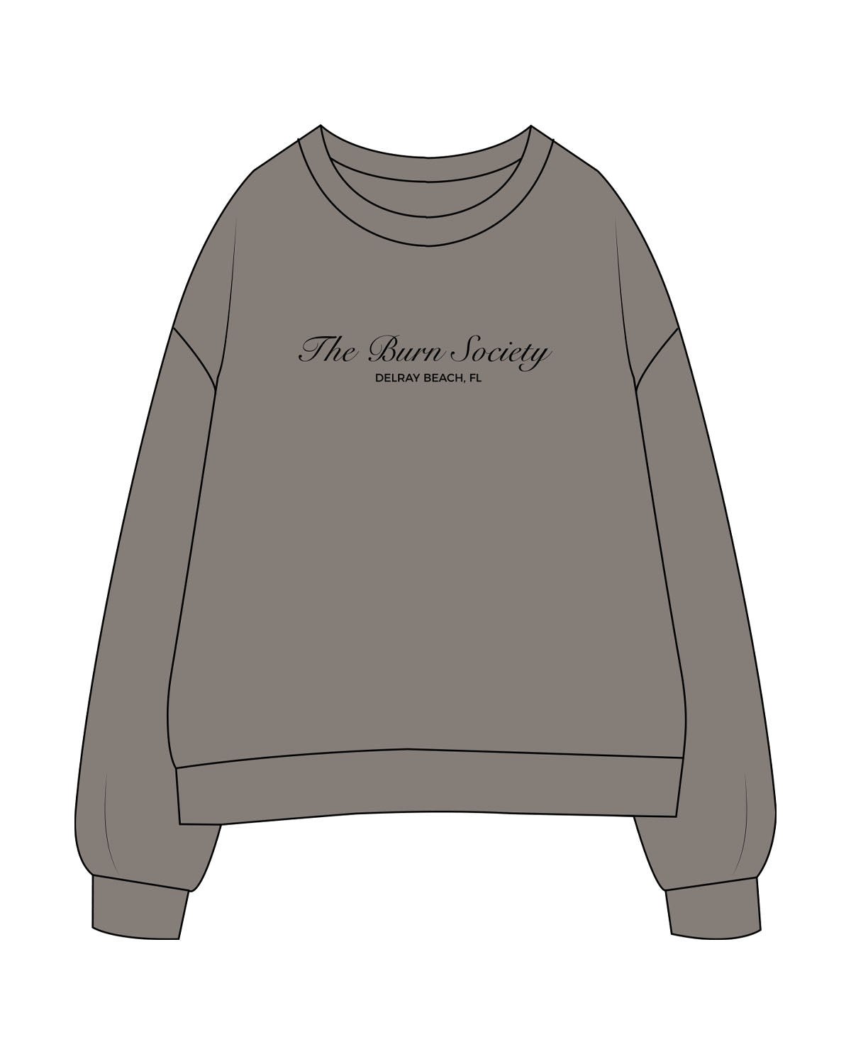 The Womens Crewneck - Washed Gray - The Burn Society - Center Chest Stacked - Printed - Black