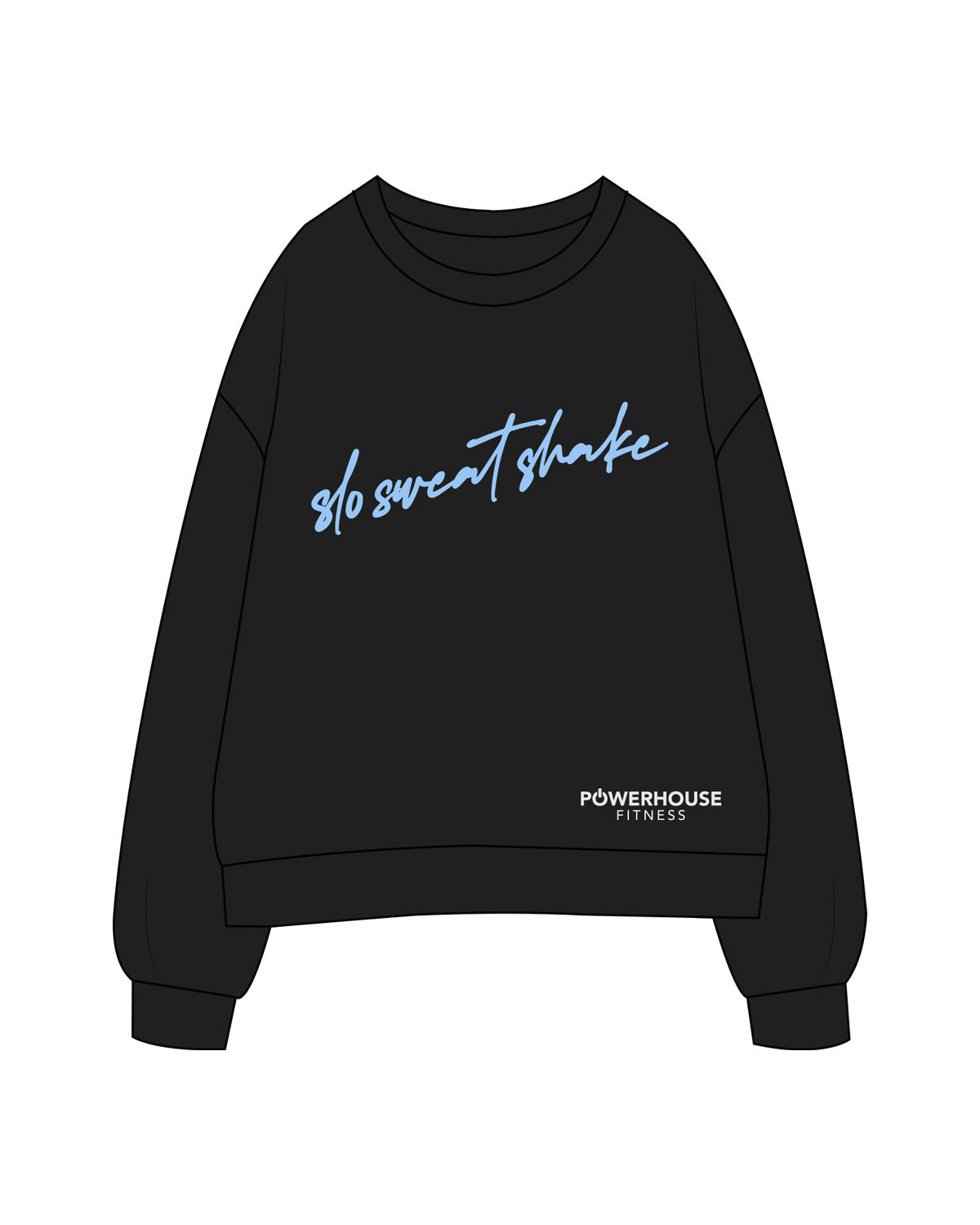 The Womens Crewneck - Black - Powerhouse Fitness - Center Chest & Bottom Left Stacked - Printed - Full Color