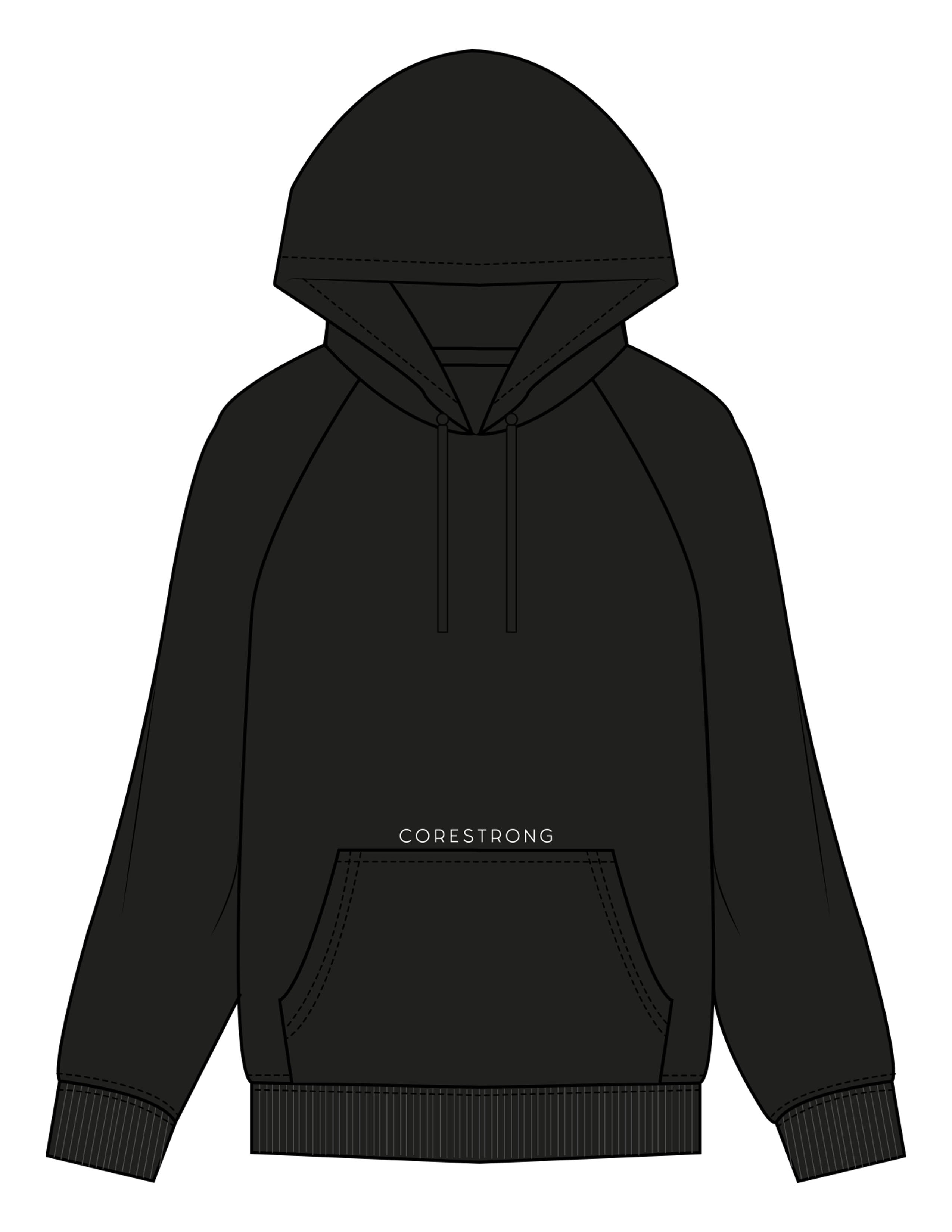 The Womens Heavyweight Hoodie - Black - Core Strong - Front Upper Pocket - Printed - White