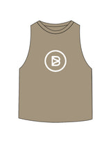 The Crop Muscle Racerback - Heather Olive - Bond Fitness - Center Chest Round - Printed - White