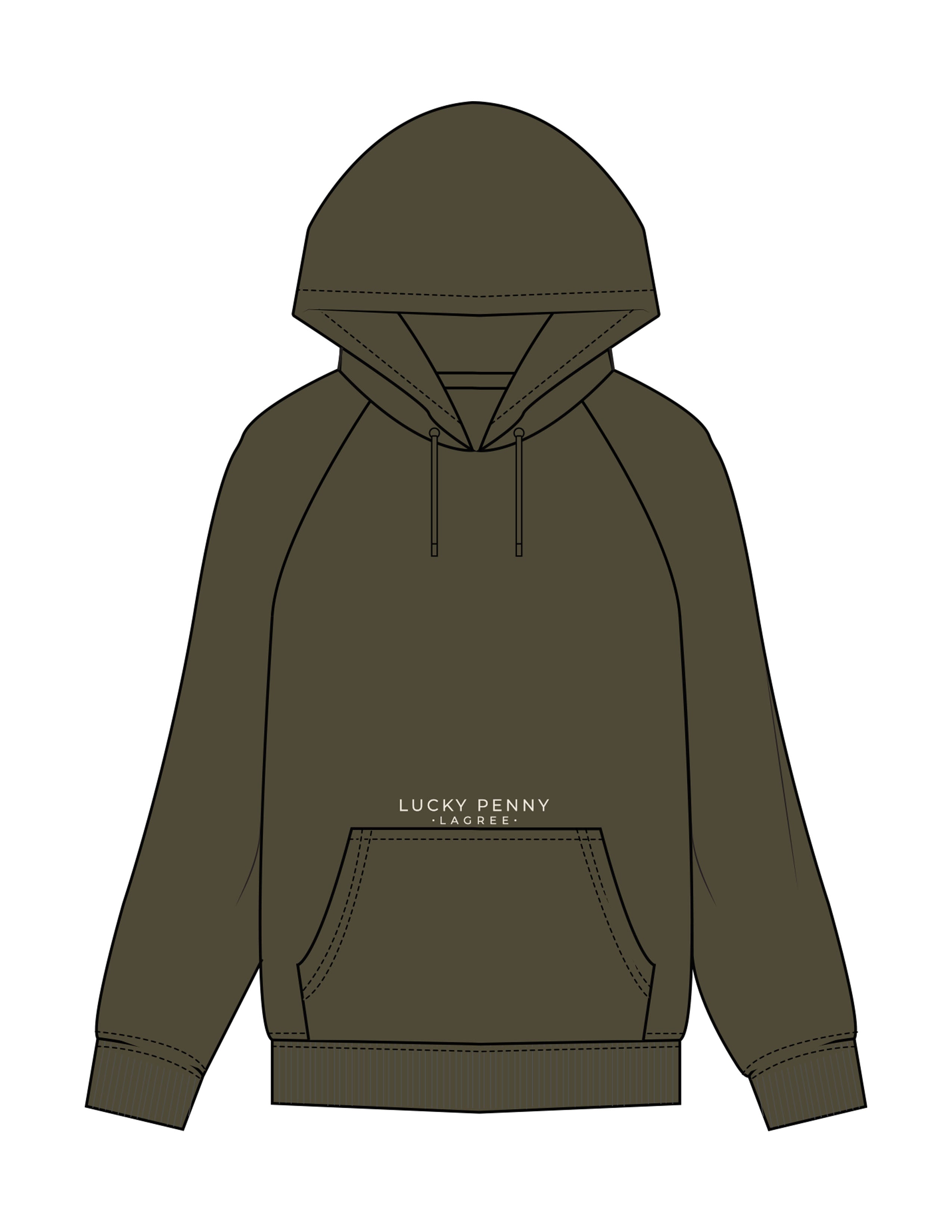 The Mens Classic Hoodie - Army - Lucky Penny - Upper Front Pocket - Embroidered - Off White