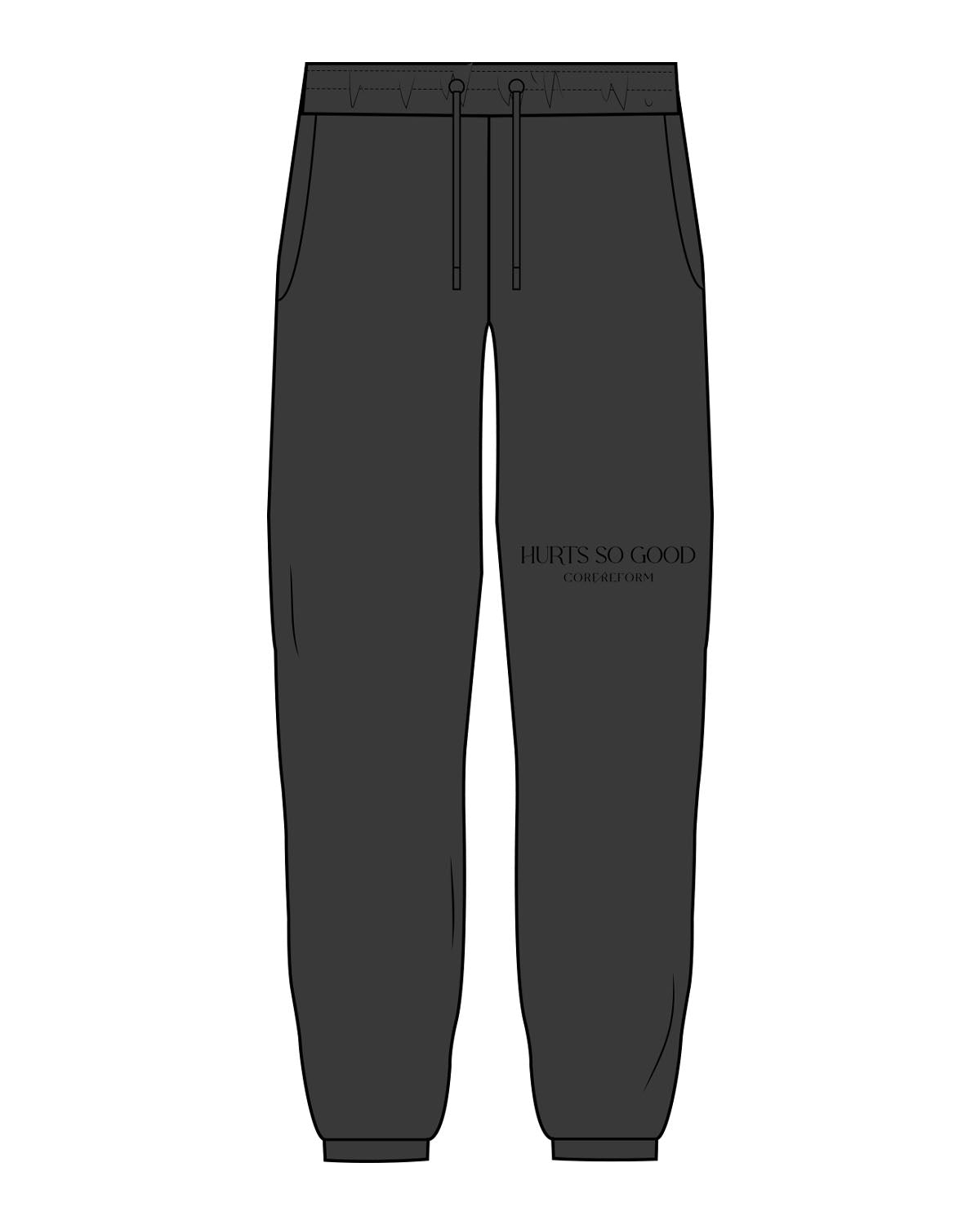 The Mens Classic Sweatpants - Washed Black - Core Reform - Left Leg "HURTS" - Printed - Black