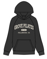 The Mens Hoodie - Washed Black - Grove Pilates - Center Chest Stacked - Cream #f0e7d9