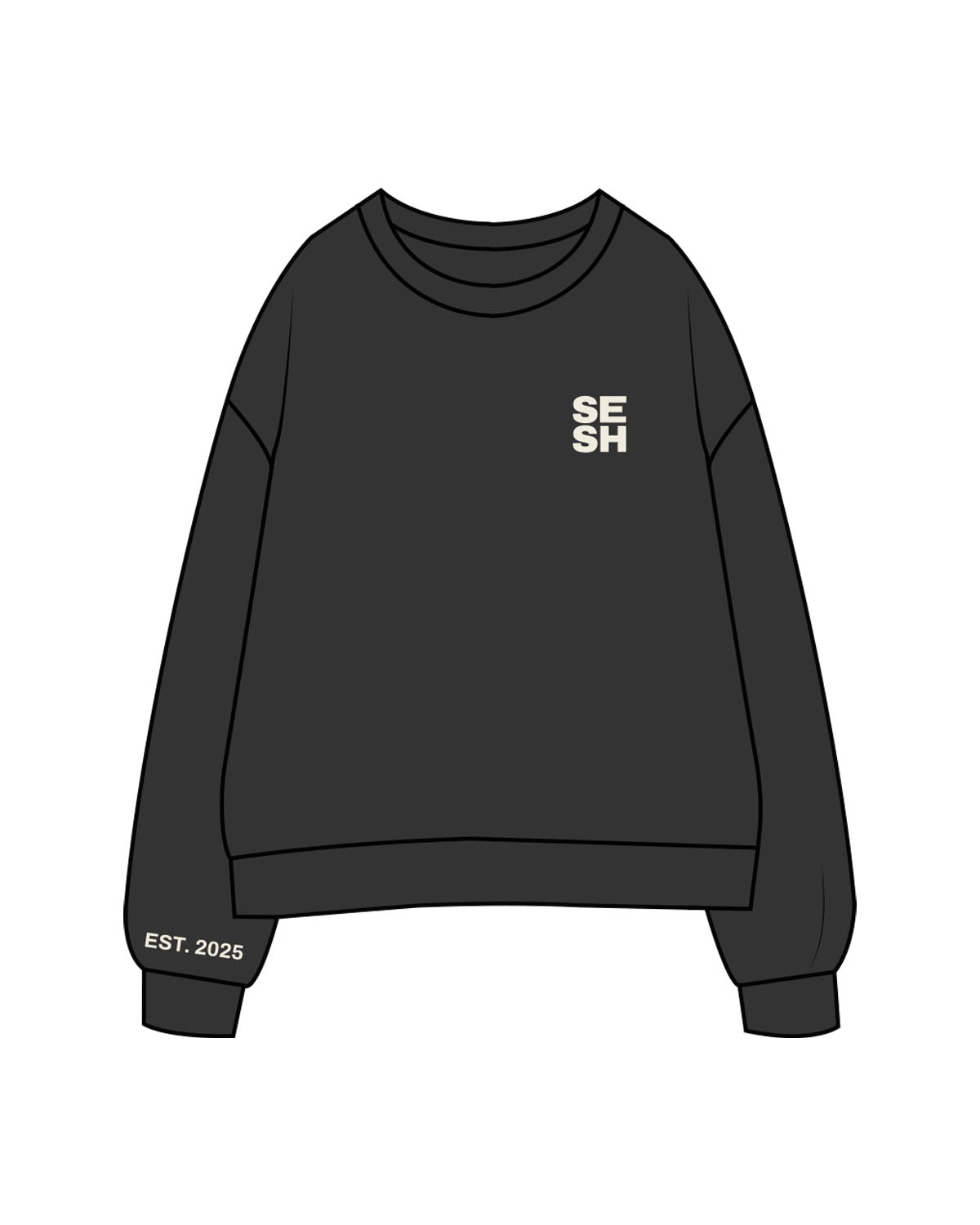 The Mens Crewneck - Washed Black - Sesh Studio - Left Chest, Right Sleeve & Center Back Stacked - Printed - Off White