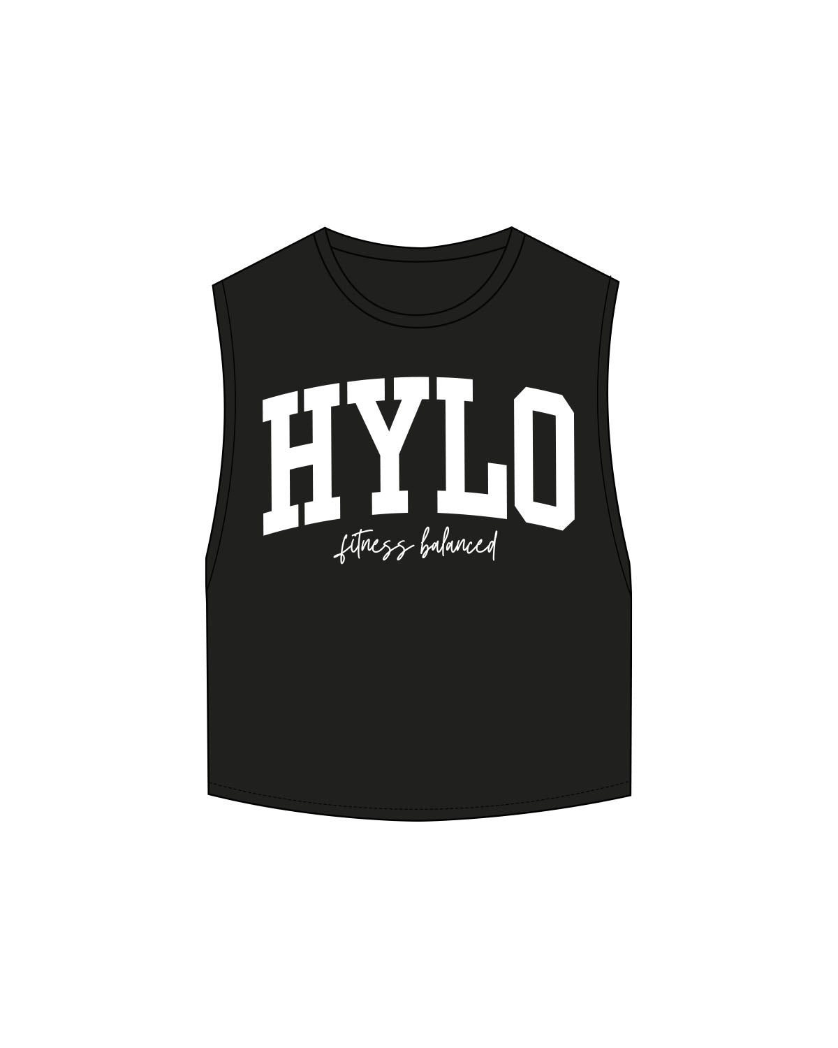 The Crop Muscle Tank - Black - Hylo Fitness - Chest Stacked - Printed - White