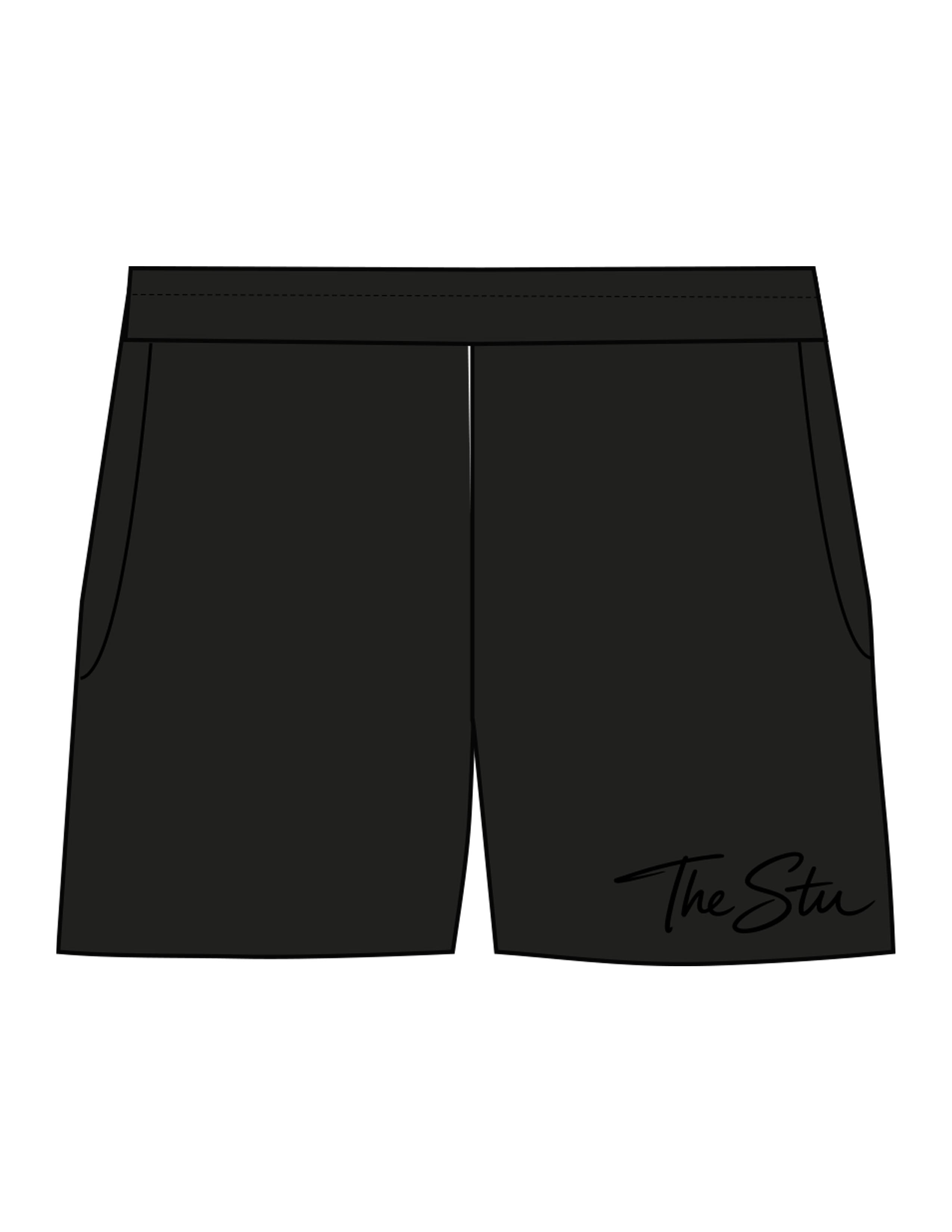 The Womens Sweat Shorts - Black - The Stu - Left Leg - Printed - Tone on Tone