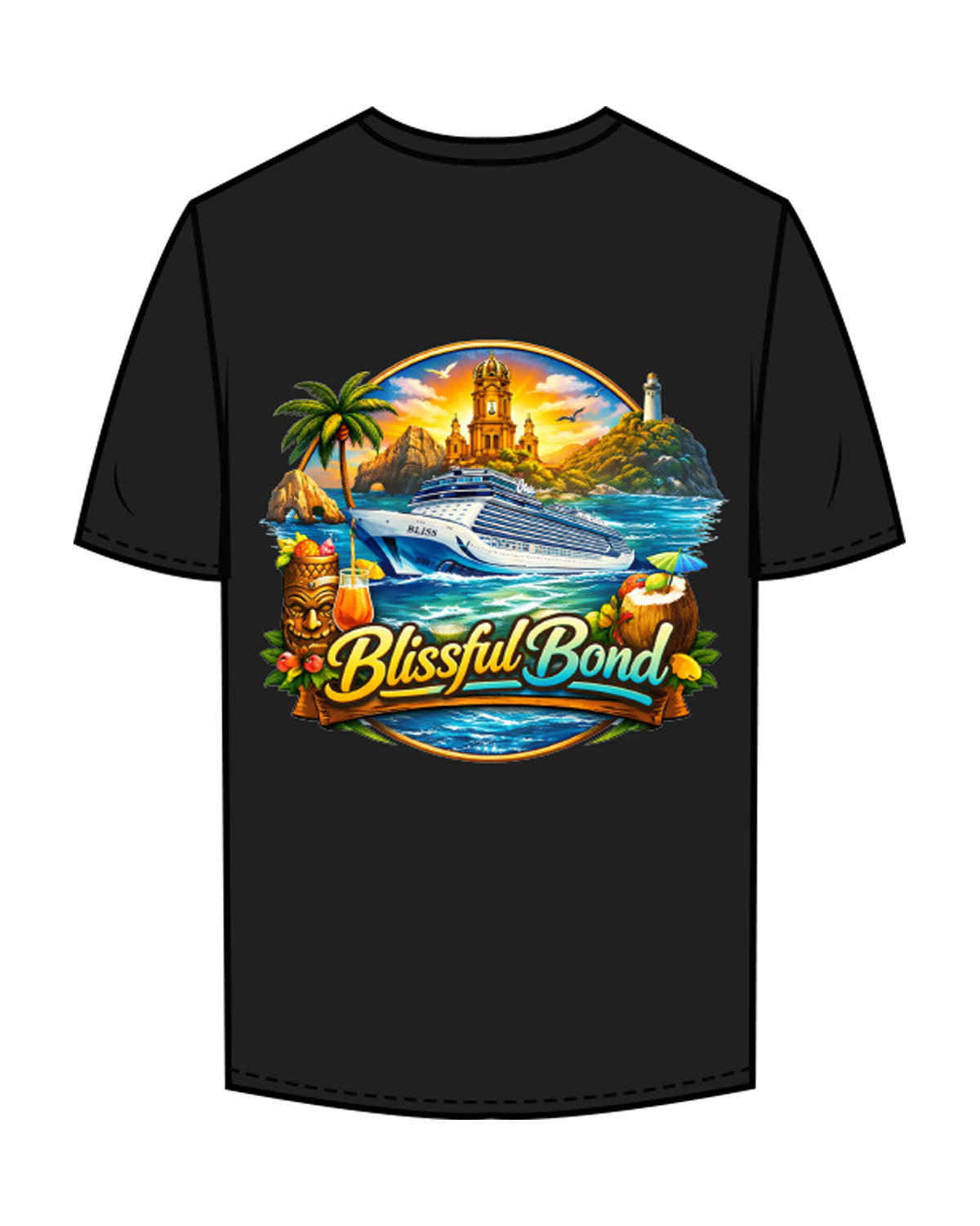 The Mens Tee - Black - Blissful Bond - Left Chest Round - Back Full Center - Printed - Full Color