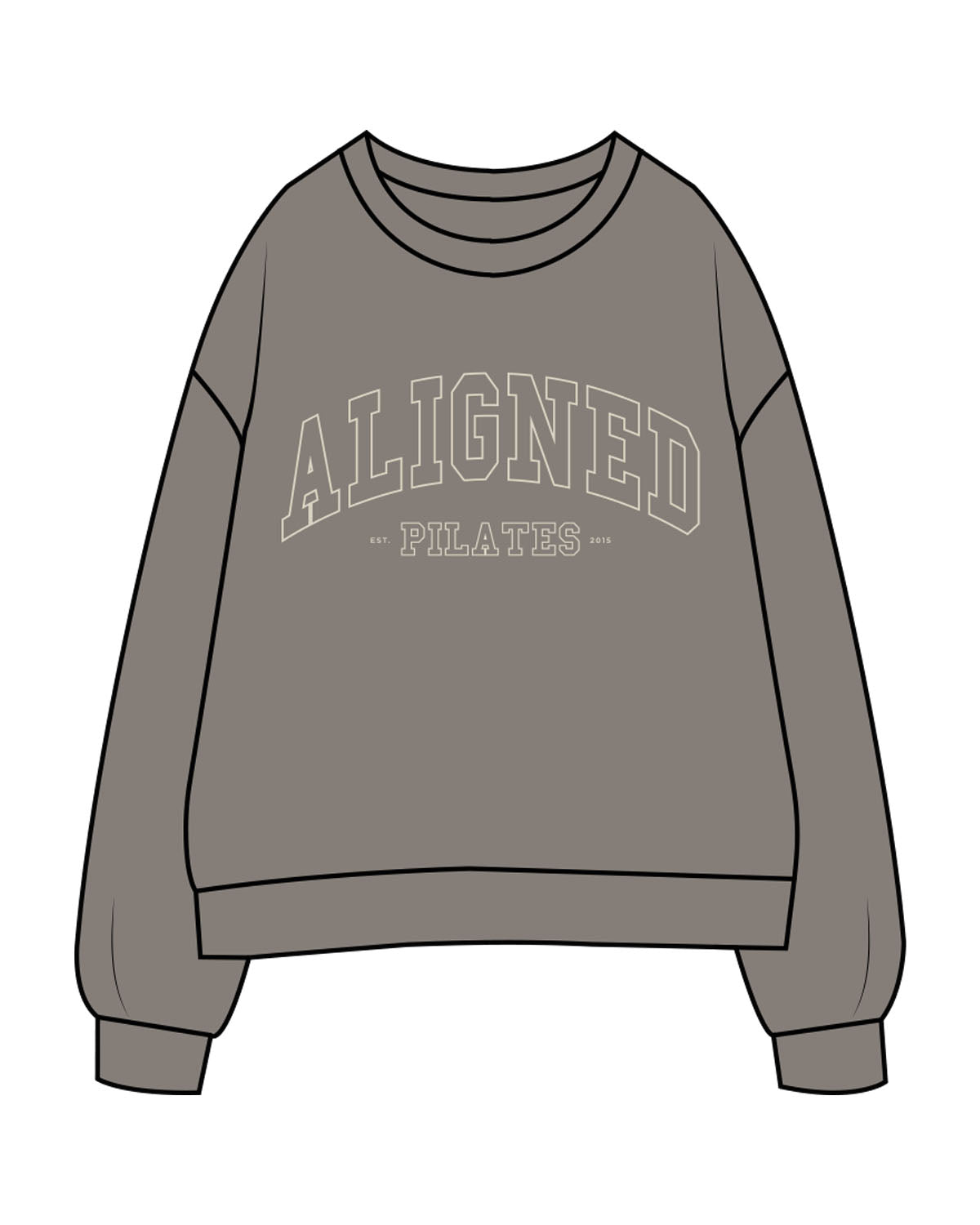 The Womens Crewneck - Washed Gray - Aligned Pilates - Center Chest Arch & Back Center Neckline - Printed - Off White