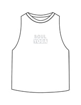 The Crop Muscle Racerback - White - Soul Yoga - Center Chest Stacked - Printed - Light Gray