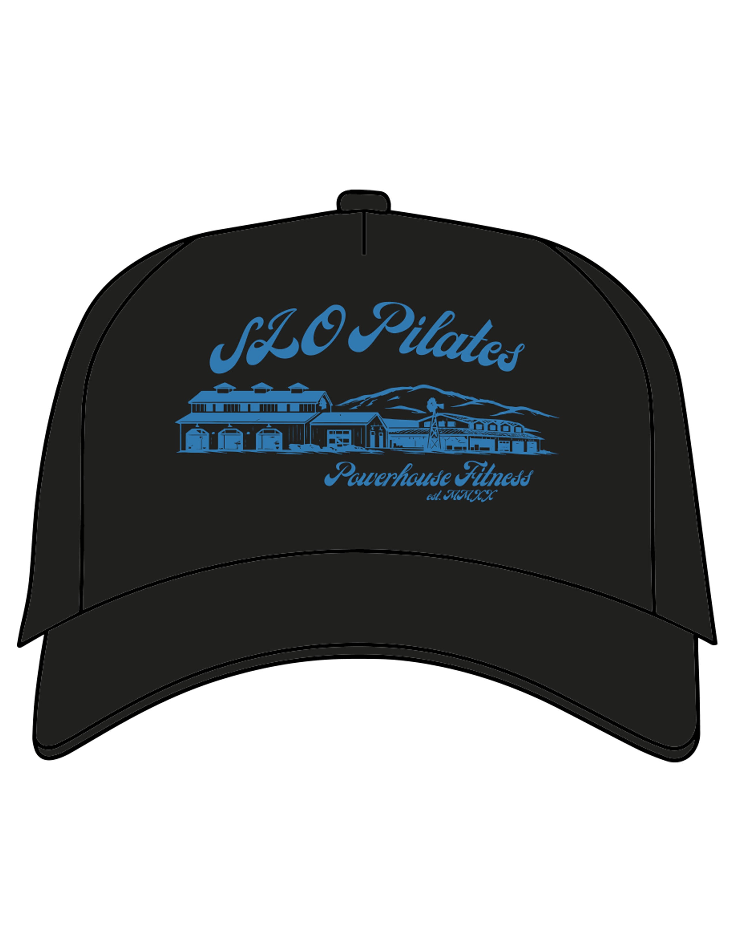 The 5 Panel Trucker Hat - Black - Powerhouse Fitness - Center Crown "PILATES" - Printed - Blue
