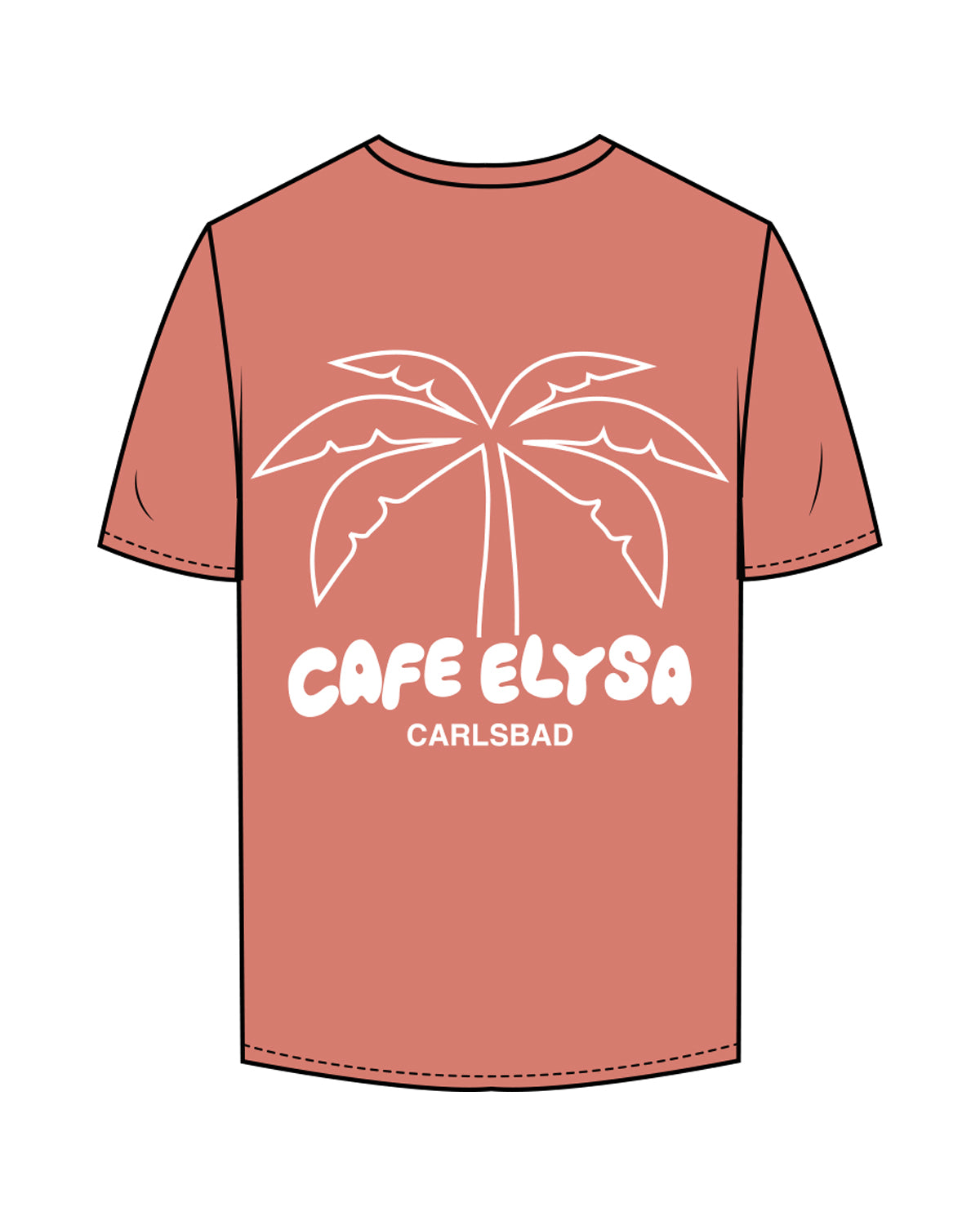 The Mens Tee - Coral - Cafe Elysa - Left Chest & Center Back - White