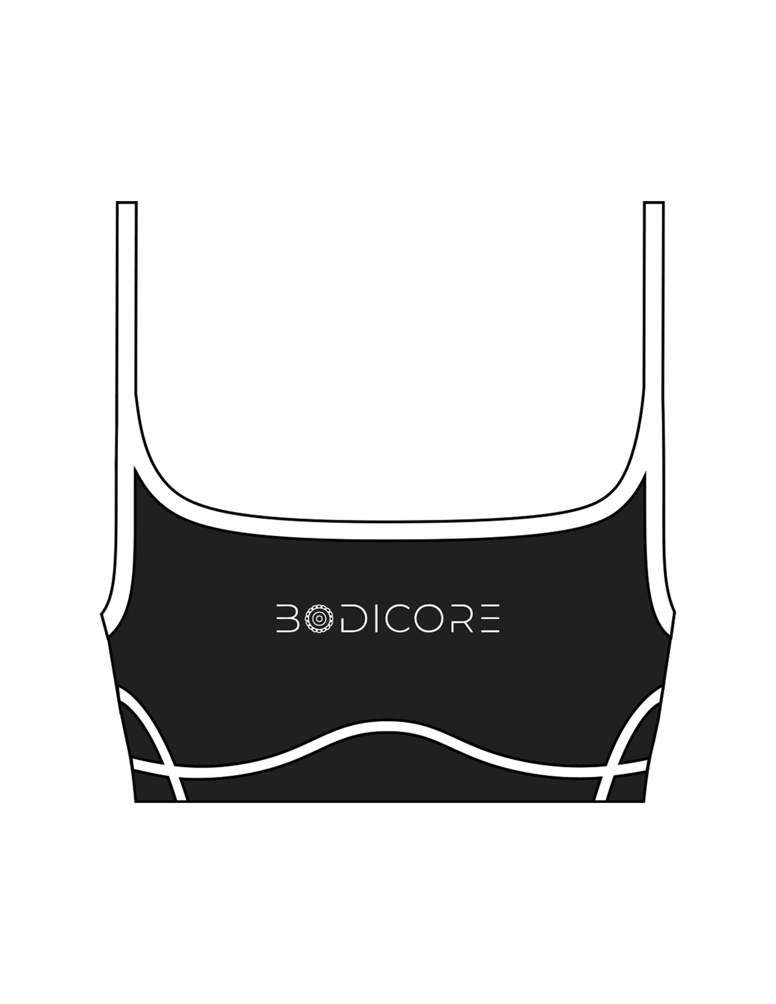 The Piped Scoop Sports Bra - Black - Bodicore - Center Chest & Center Back - Printed - White