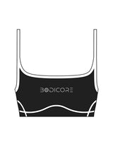 The Piped Scoop Sports Bra - Black - Bodicore - Center Chest & Center Back - Printed - White
