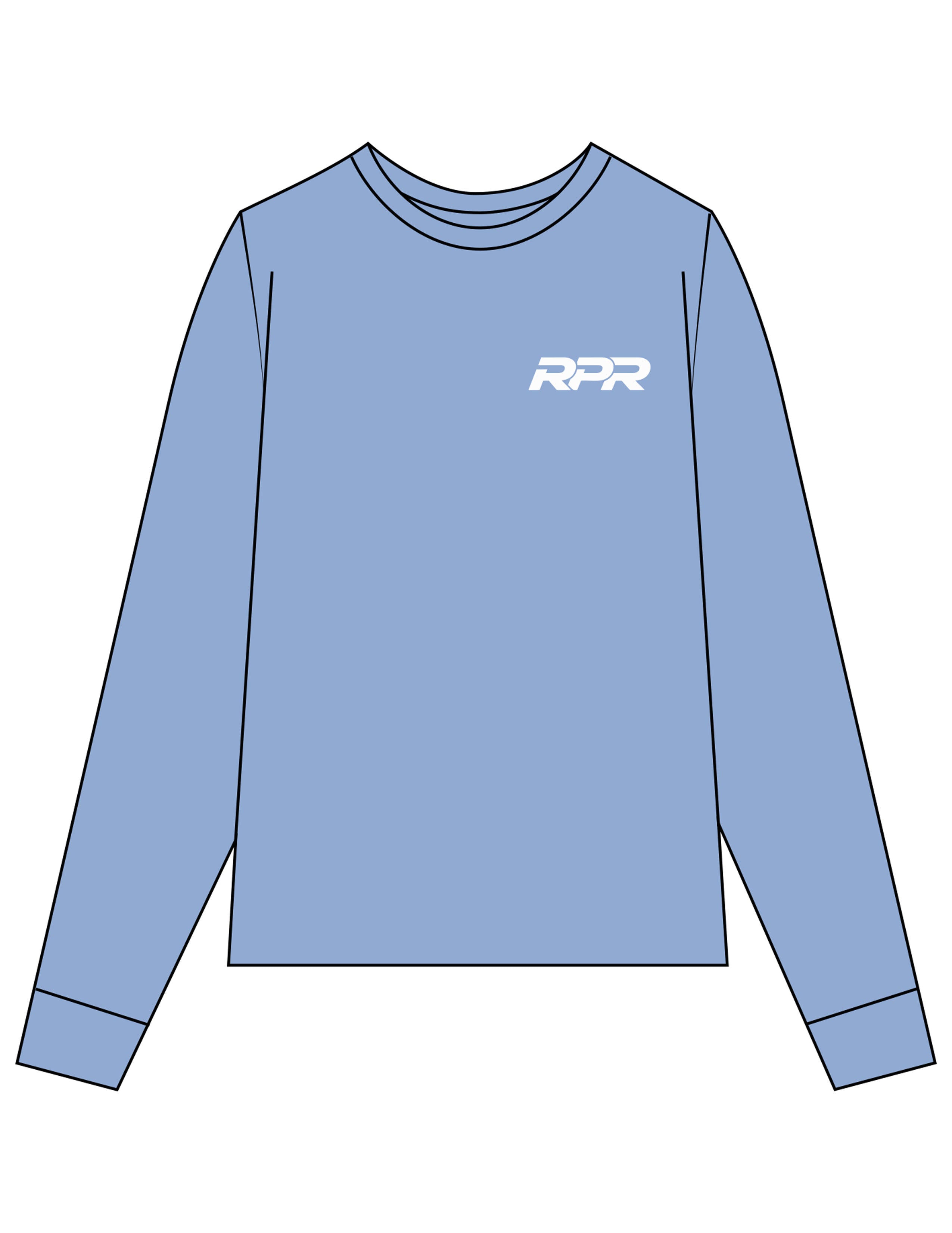 The Unisex Midweight Long Sleeve - Washed Denim - Reiner Pump Systems - Left Chest & Back Stacked - Printed - White