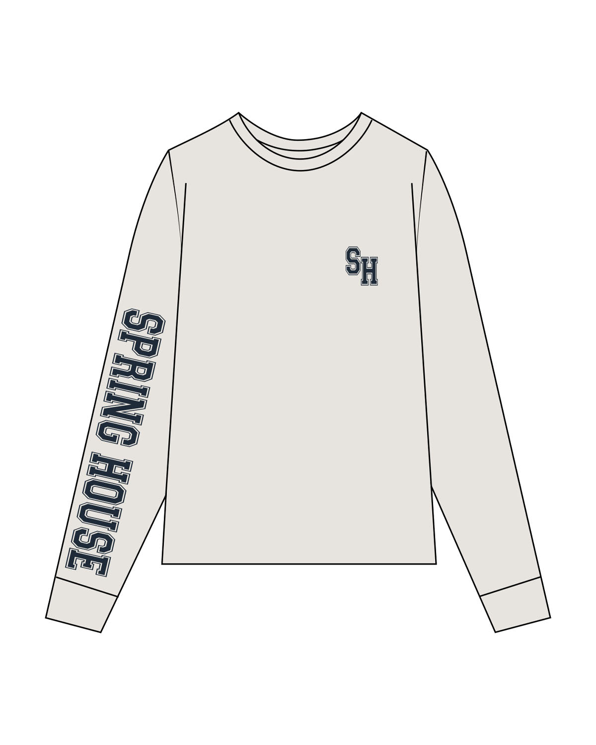 The Womens Heavyweight Long Sleeve - Washed Bone - Spring House - Left Chest - Right Arm Text - Printed - Navy