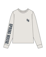 The Womens Heavyweight Long Sleeve - Washed Bone - Spring House - Left Chest - Right Arm Text - Printed - Navy