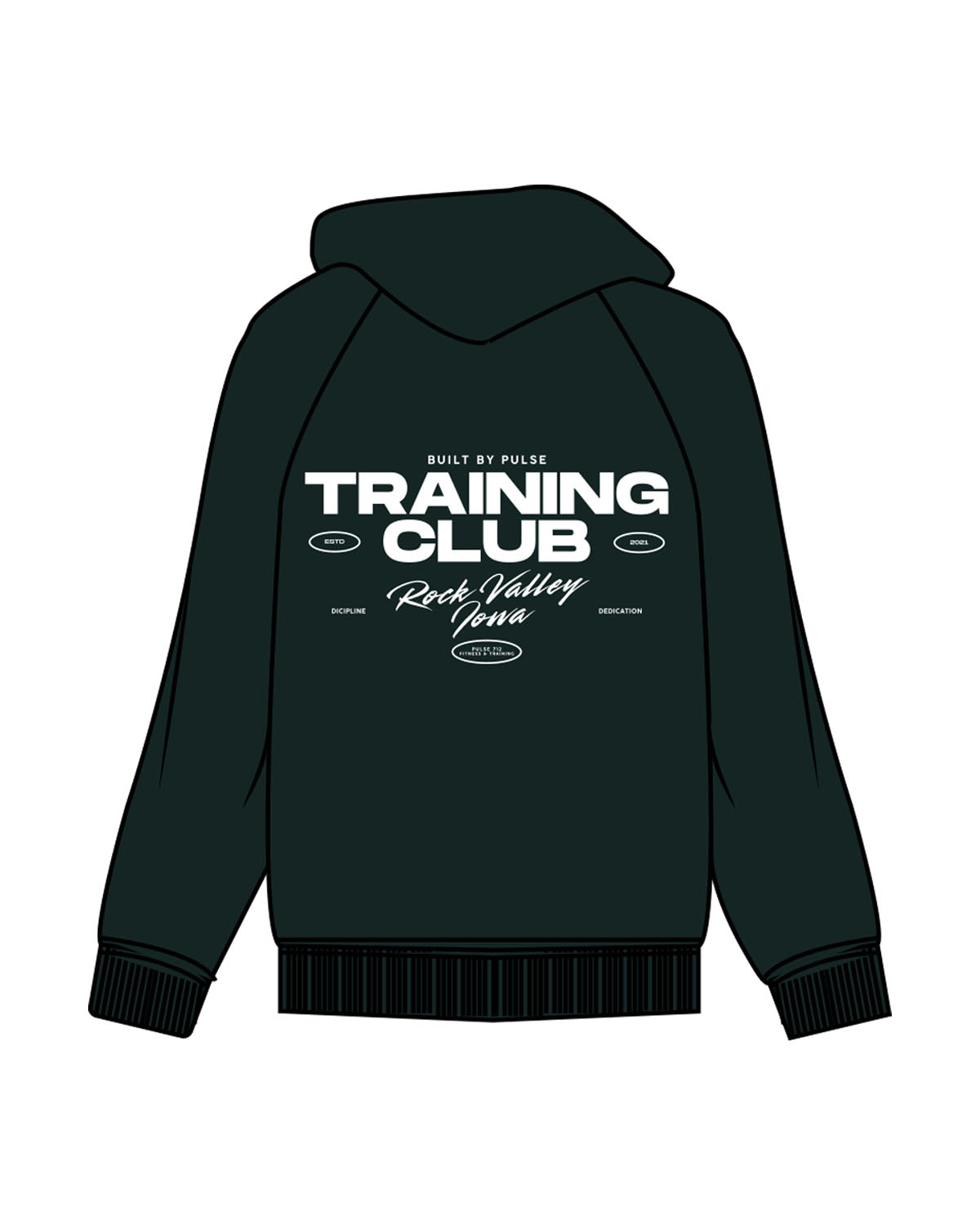 The Mens Classic Hoodie - Pine Green - Pulse 712 - Center Chest - Back Center Stacked - Rock Valley - Printed - White
