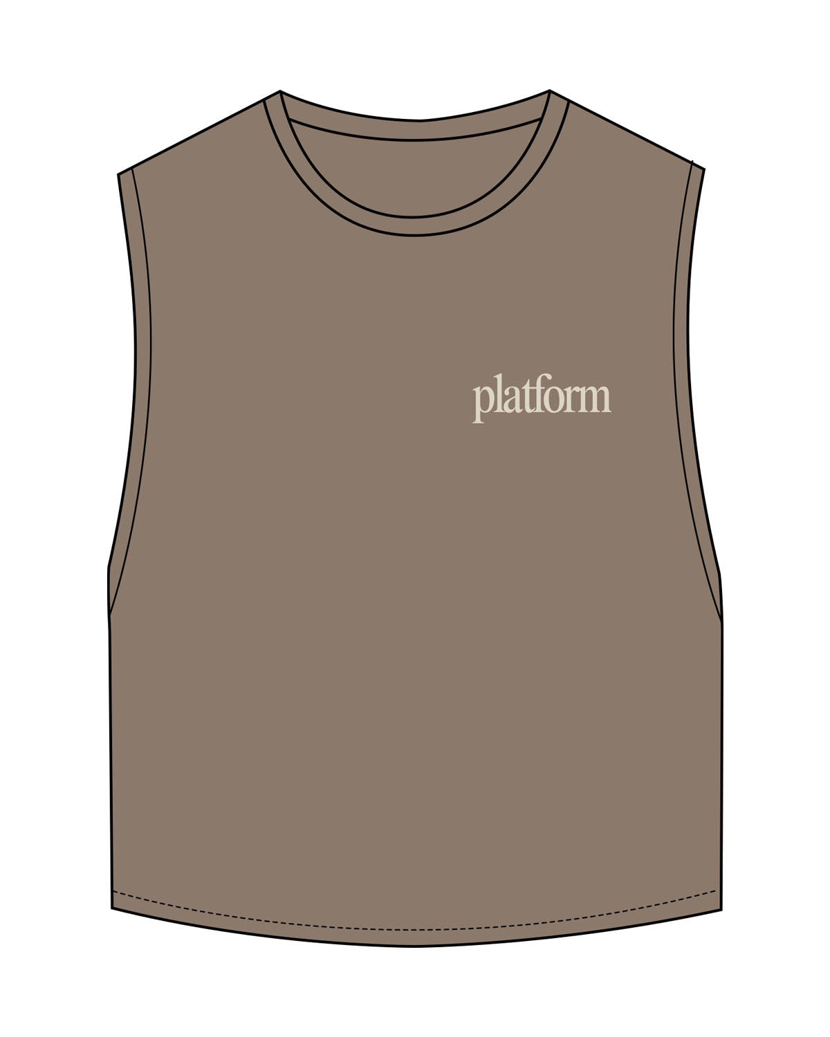 The Crop Muscle Tank - Cacao - PLATFORM - Left Chest - Back Stacked - Printed - Off White