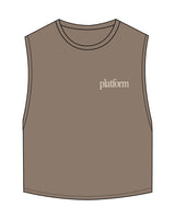 The Crop Muscle Tank - Cacao - PLATFORM - Left Chest - Back Stacked - Printed - Off White