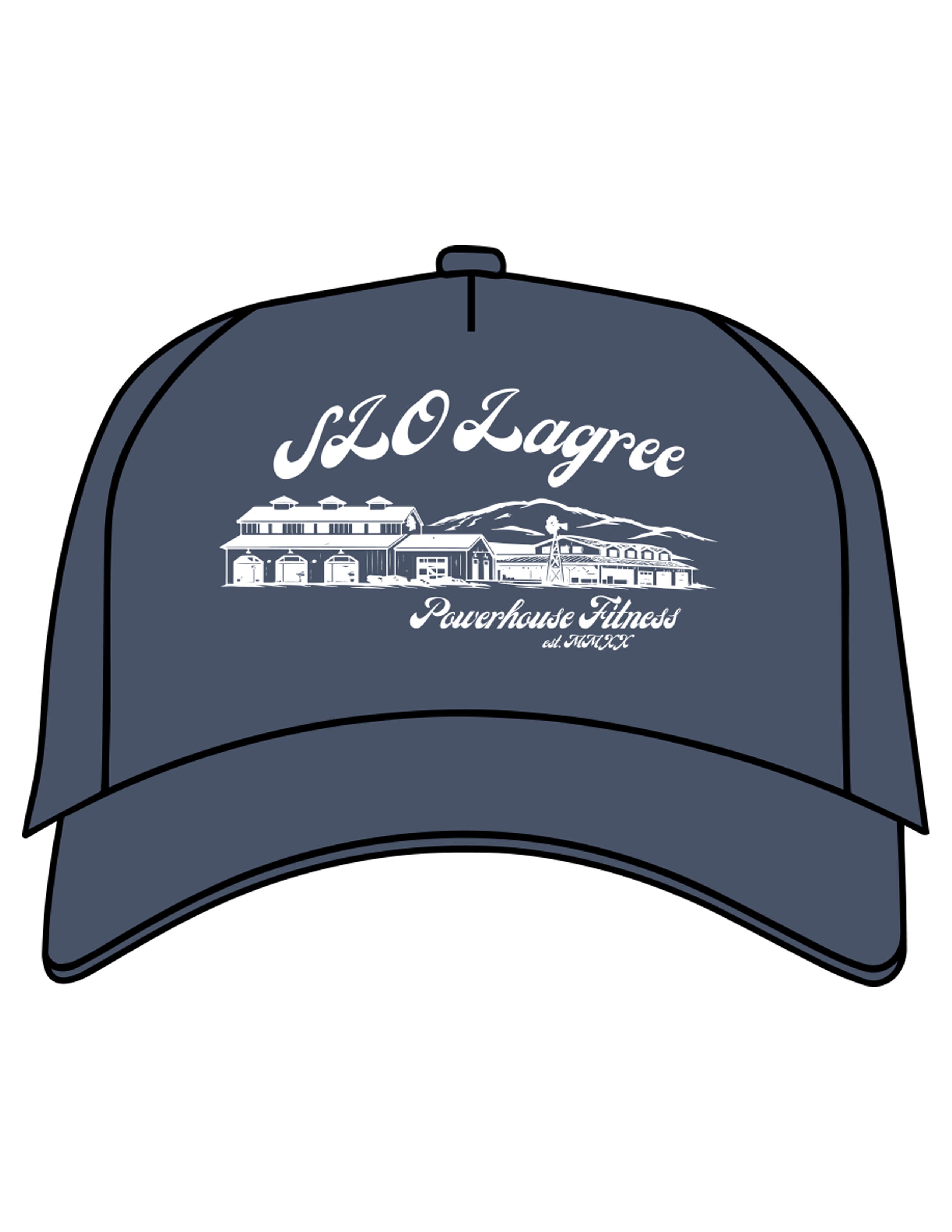 The 5 Panel Trucker Hat - Navy - Powerhouse Fitness - Center Crown "LAGREE" - Printed - White
